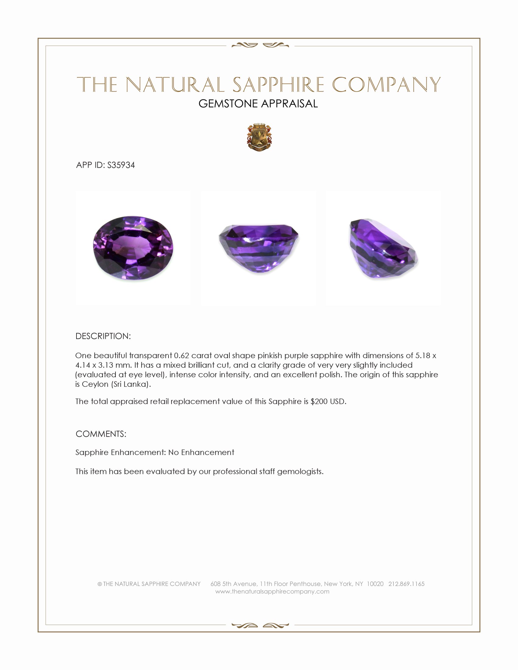 0.62 Ct. Pinkish Purple Sapphire from Ceylon (Sri Lanka)