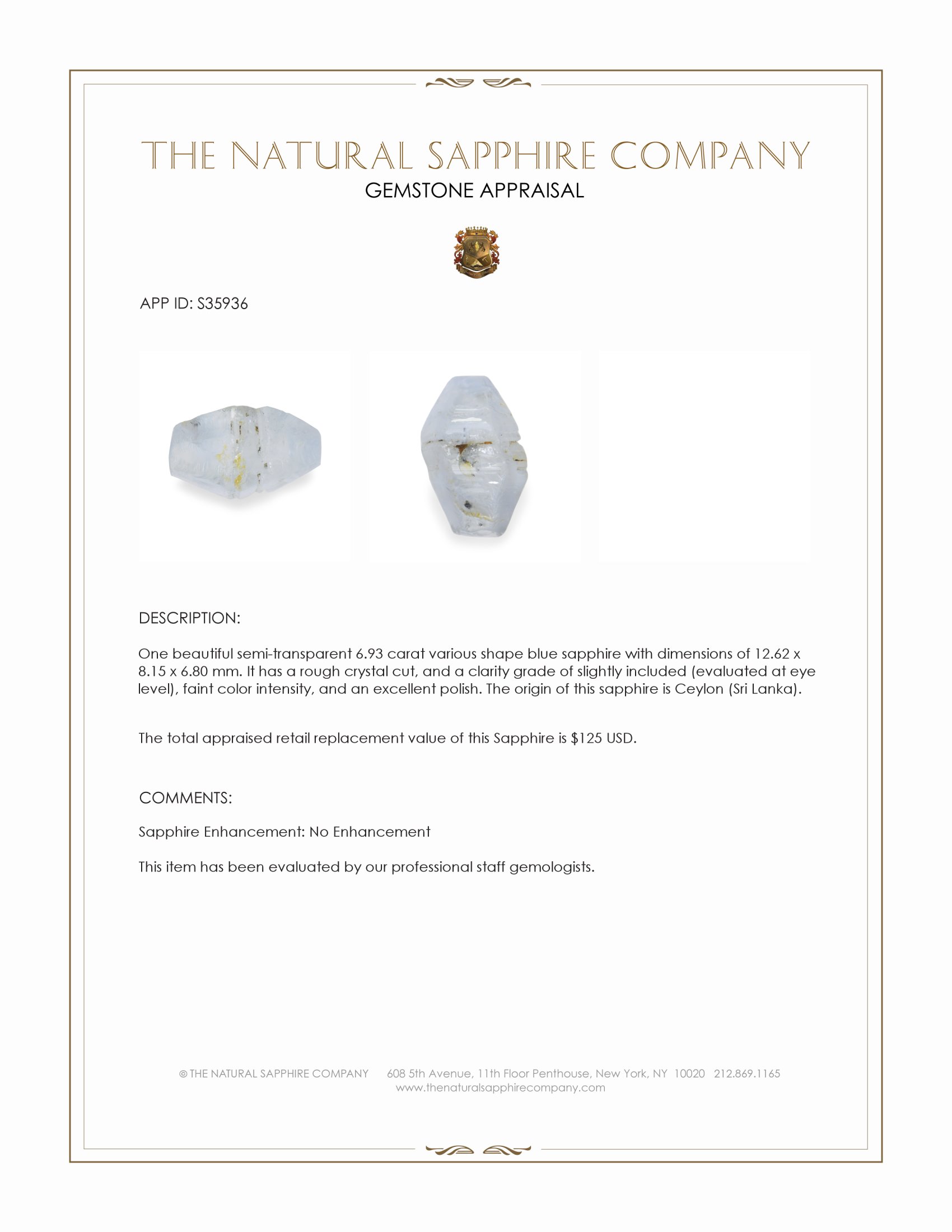 6.93 Ct. Blue Sapphire Crystal from Ceylon (Sri Lanka)