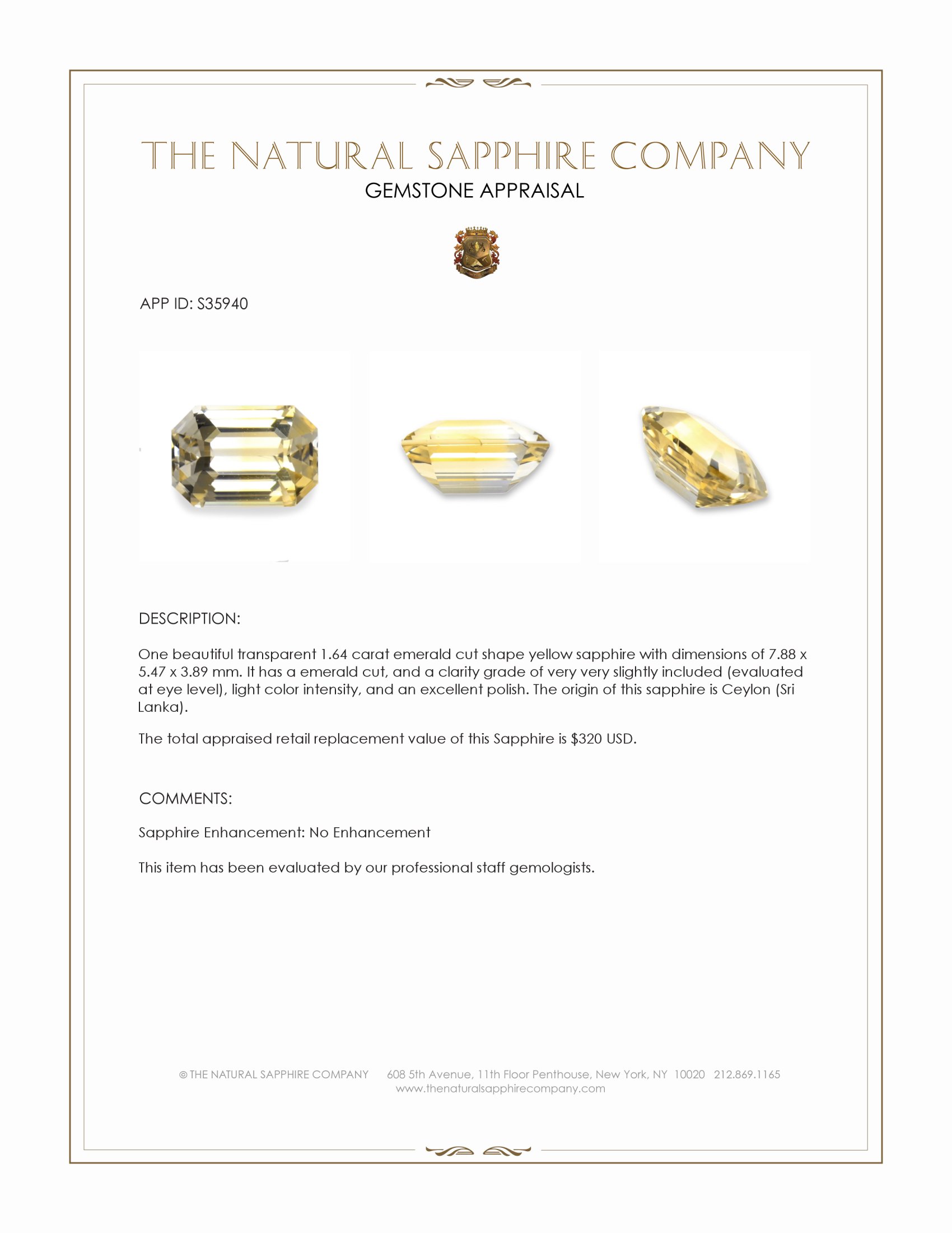 1.64 Ct. Yellow Sapphire from Ceylon (Sri Lanka)