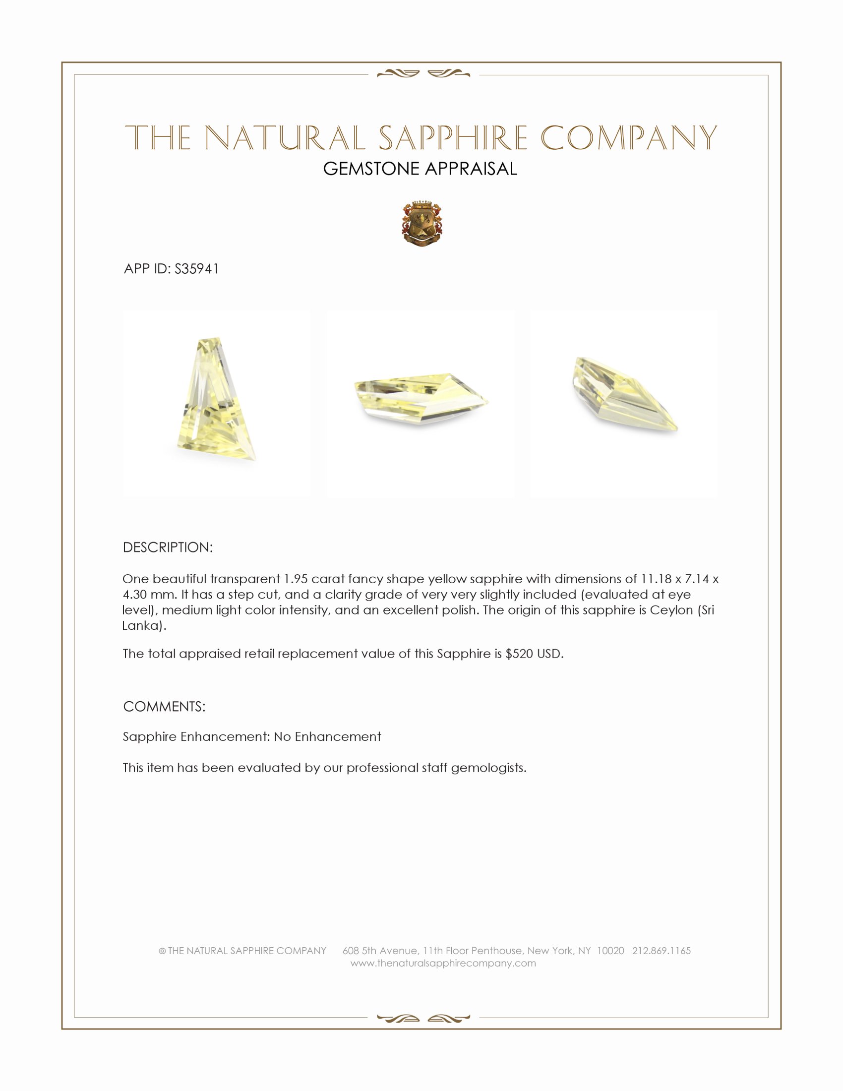 1.95 Ct. Yellow Sapphire from Ceylon (Sri Lanka)