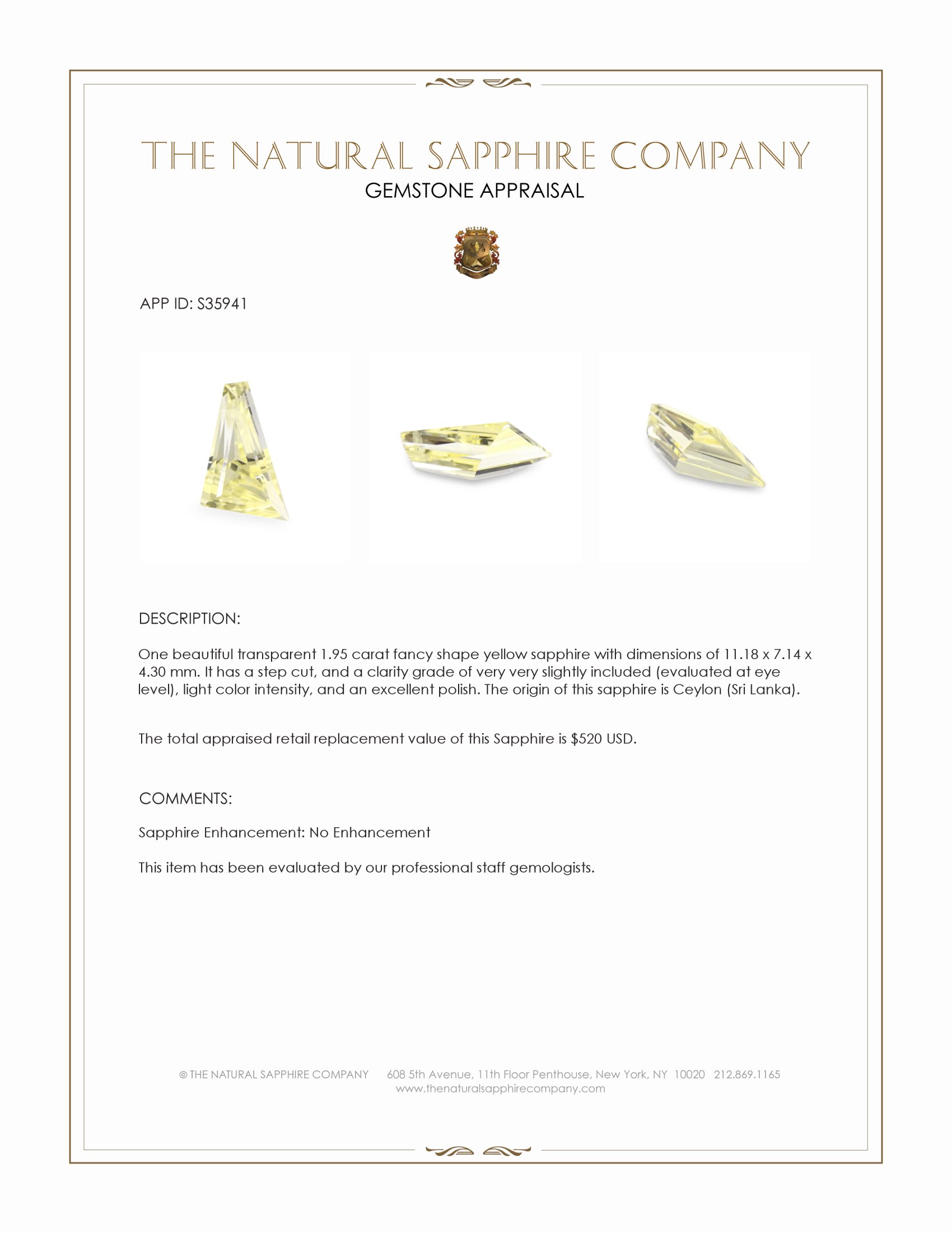 1.95 Ct. Yellow Sapphire from Ceylon (Sri Lanka)