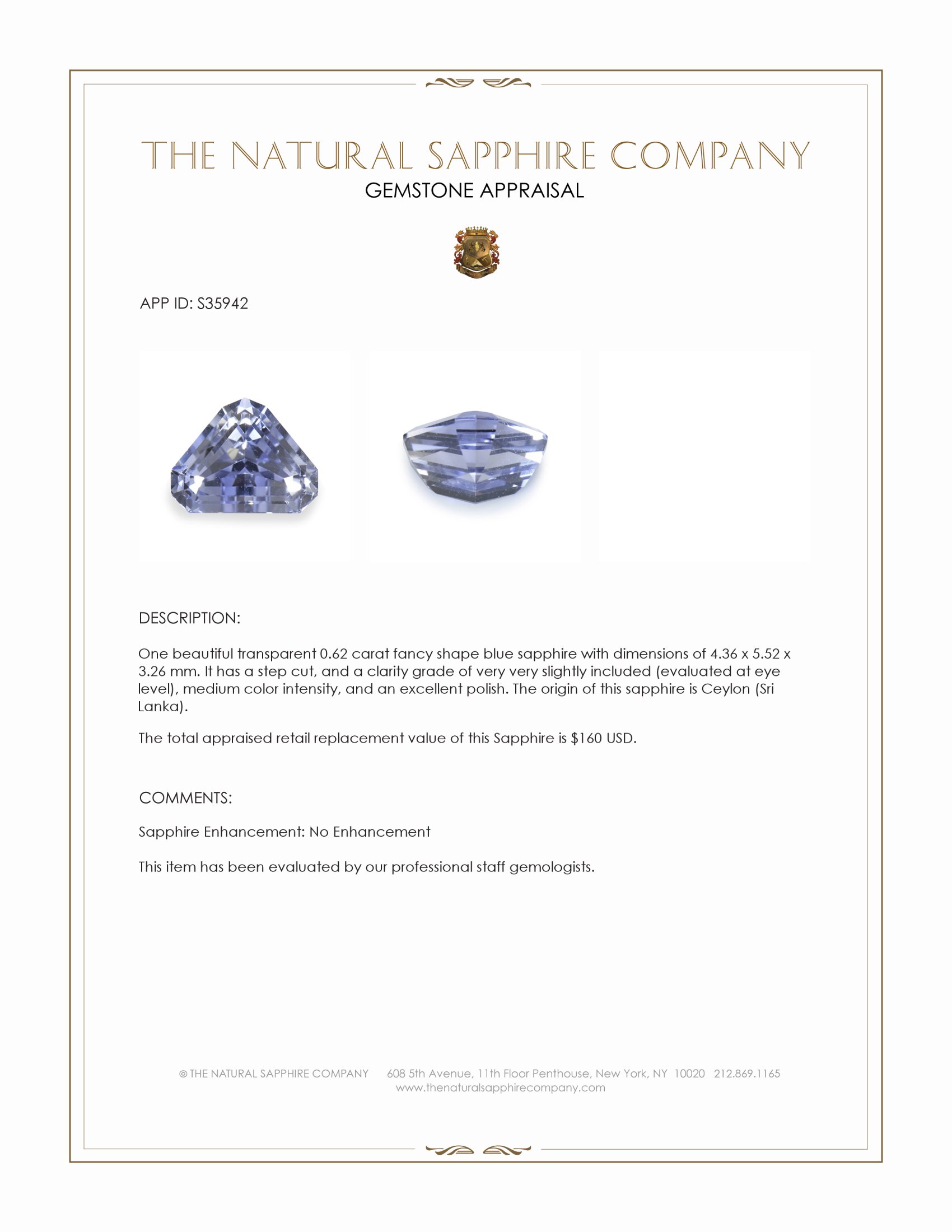 0.62 Ct. Blue Sapphire from Ceylon (Sri Lanka)