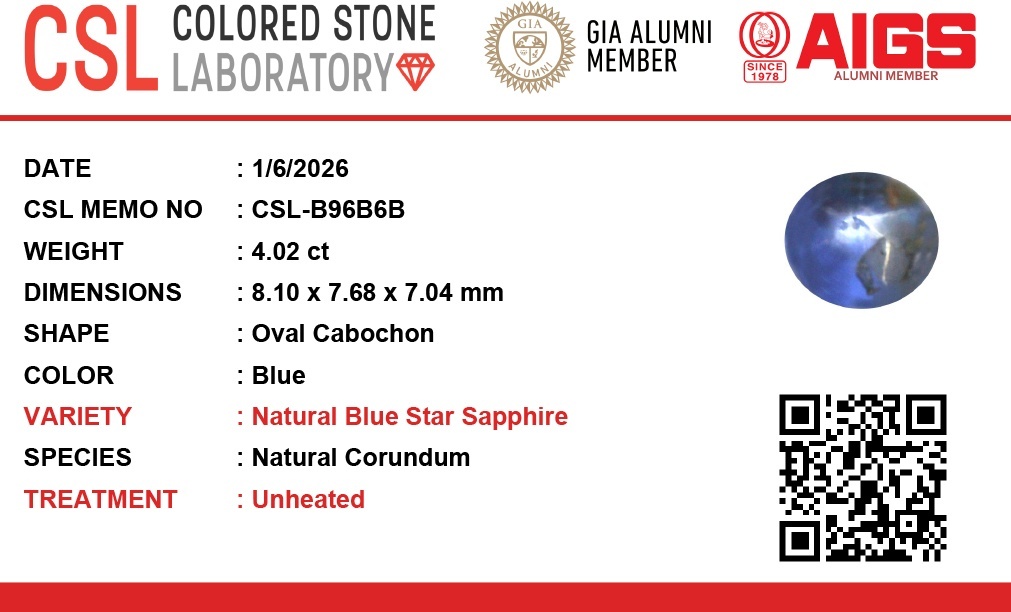 4.02 Ct. Blue Star Sapphire from Ceylon (Sri Lanka)