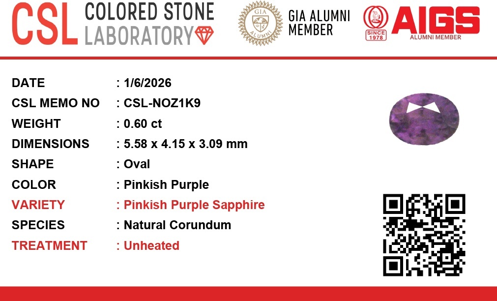 0.60 Ct. Pinkish Purple Sapphire from Ceylon (Sri Lanka)