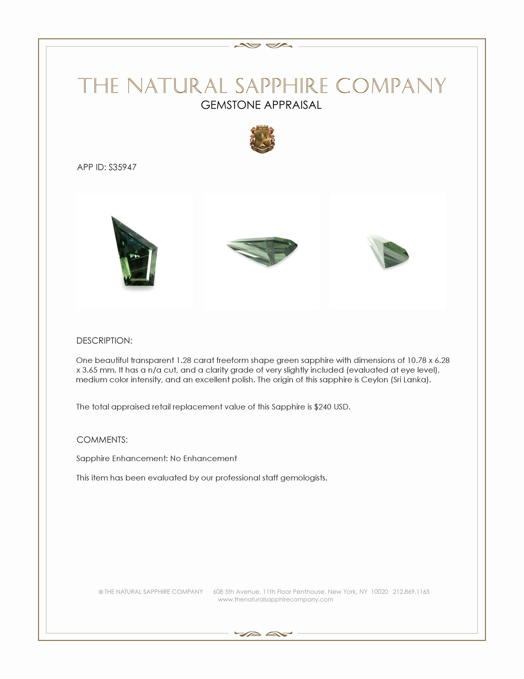 1.28 Ct. Green Sapphire from Ceylon (Sri Lanka)