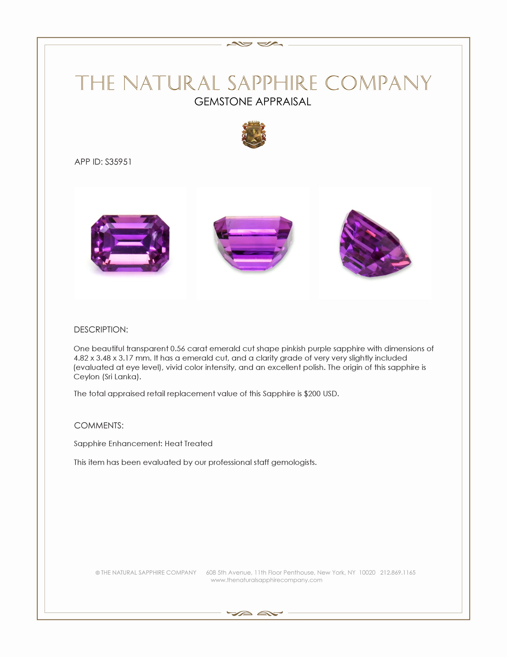 0.56 Ct. Pinkish Purple Sapphire from Ceylon (Sri Lanka)