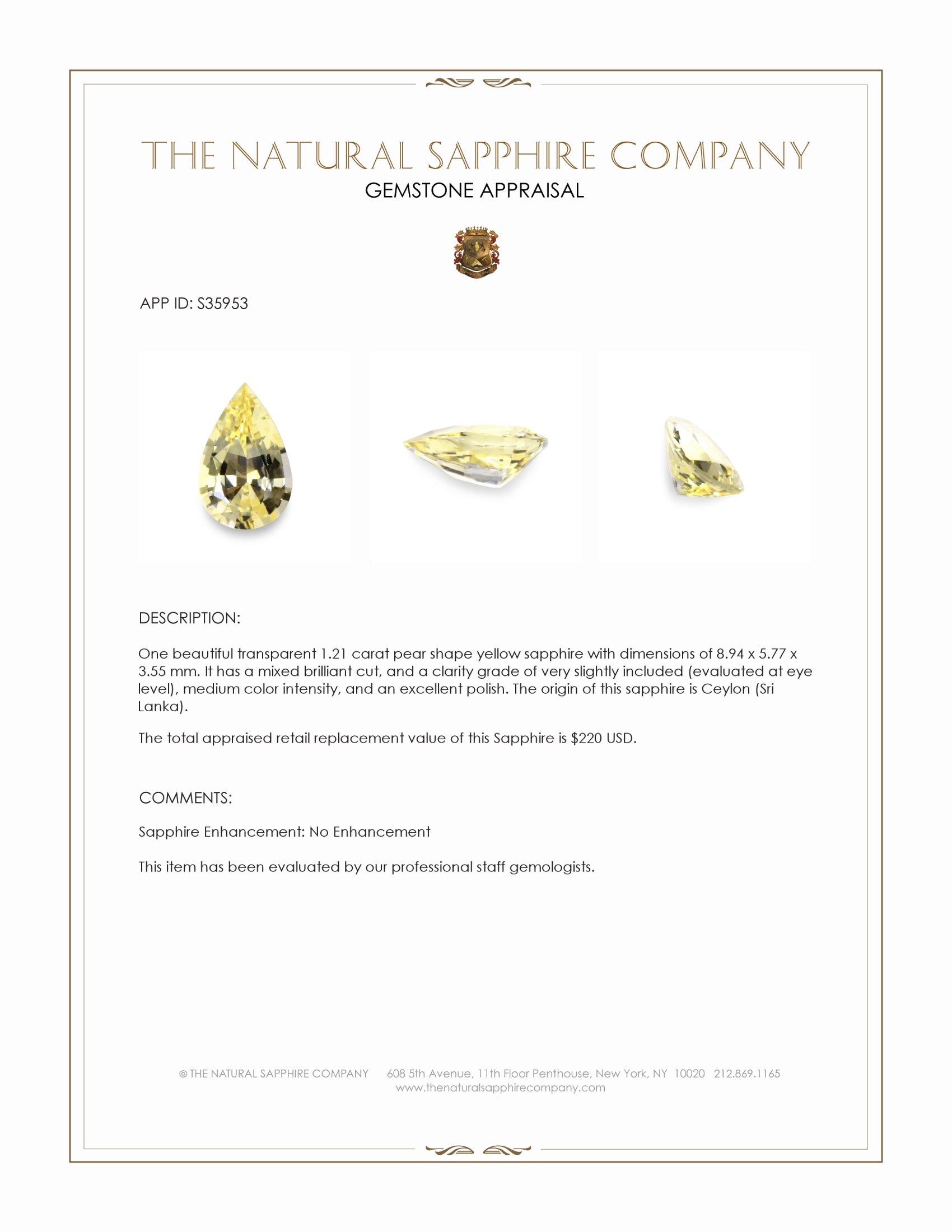 1.21 Ct. Yellow Sapphire from Ceylon (Sri Lanka)