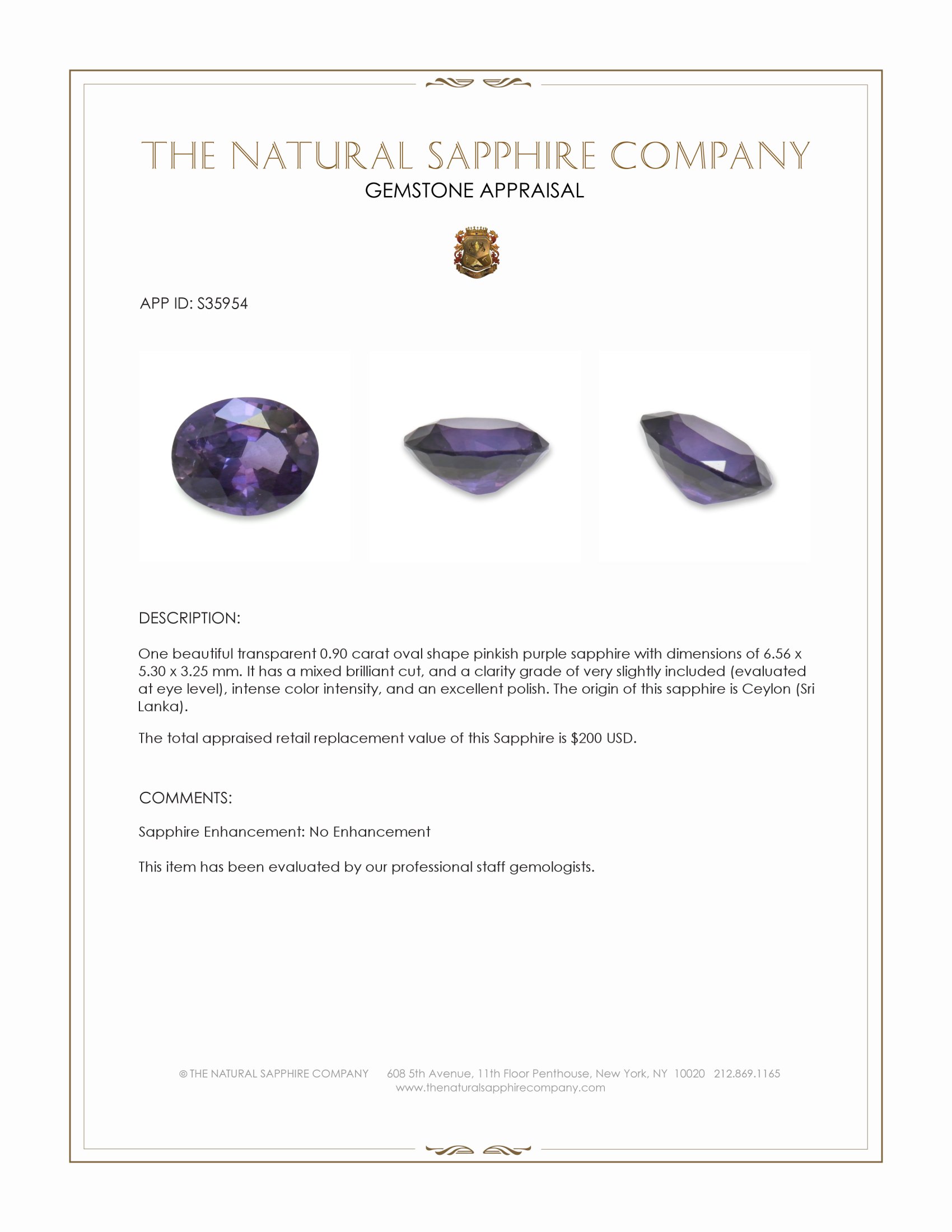 0.90 Ct. Pinkish Purple Sapphire from Ceylon (Sri Lanka)