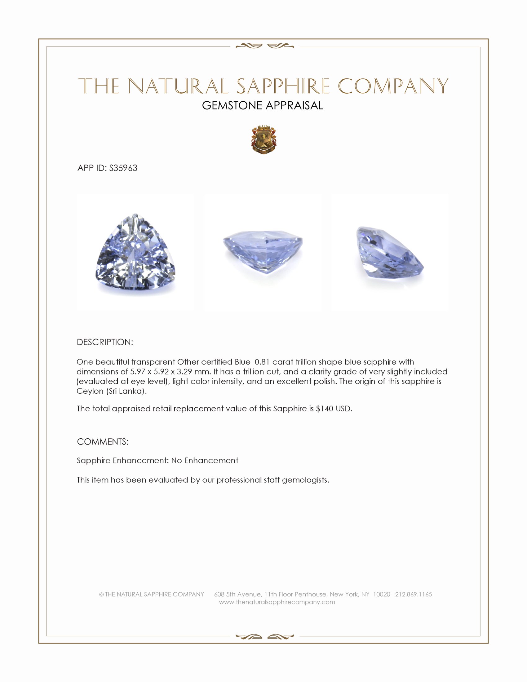 0.81 Ct. Blue Sapphire from Ceylon (Sri Lanka)