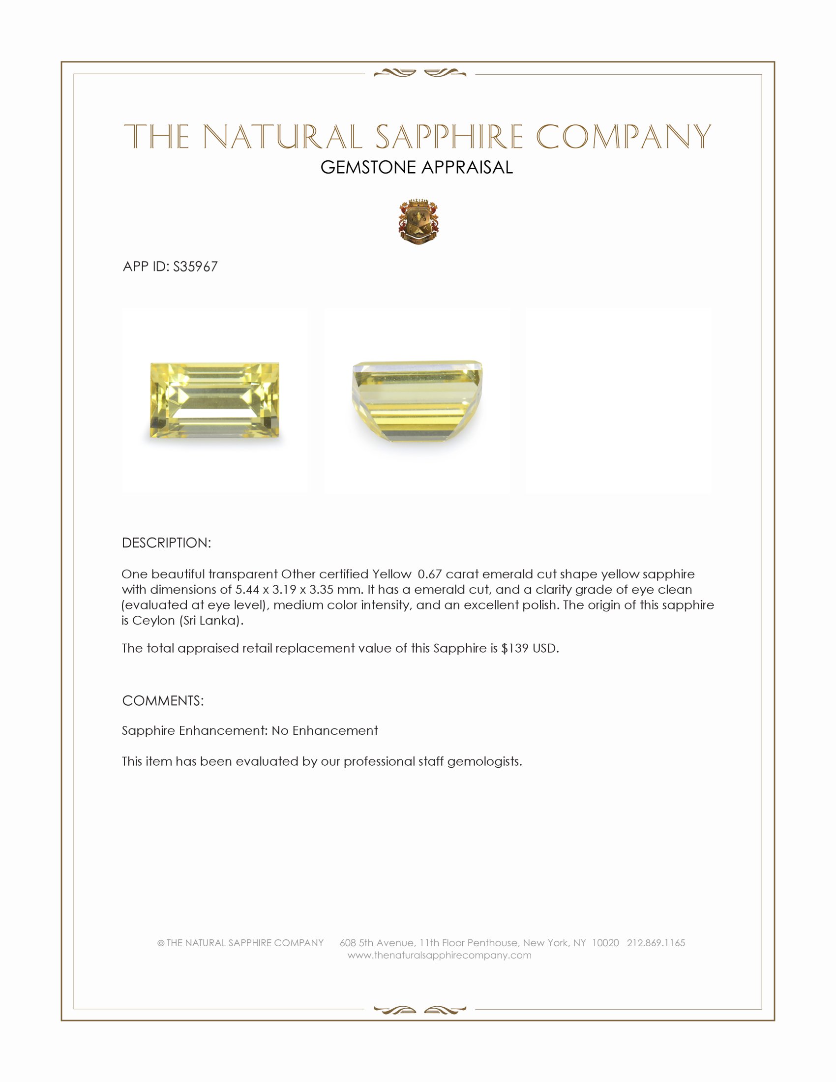 0.67 Ct. Yellow Sapphire from Ceylon (Sri Lanka)