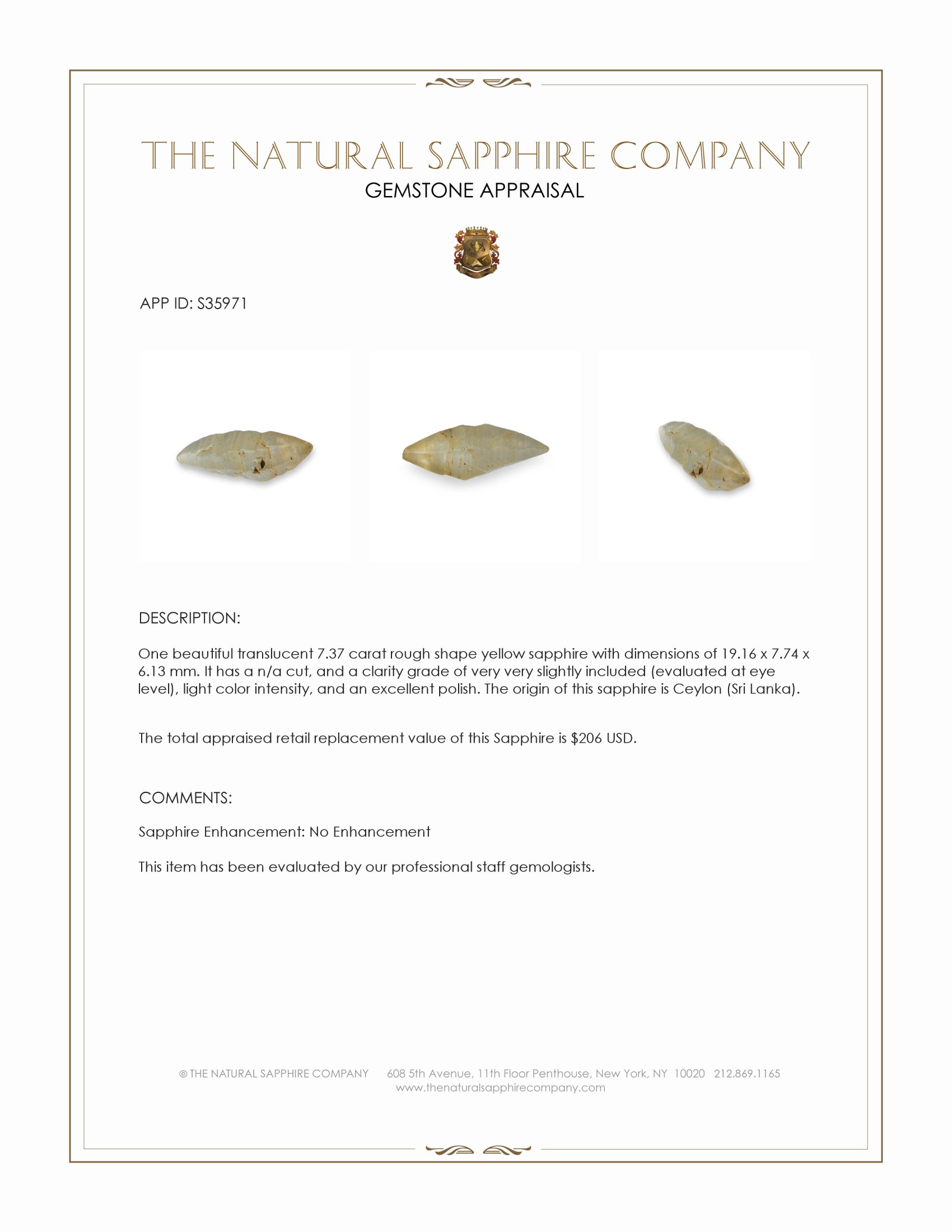 7.37 Ct. Yellow Rough Sapphire from Ceylon (Sri Lanka)