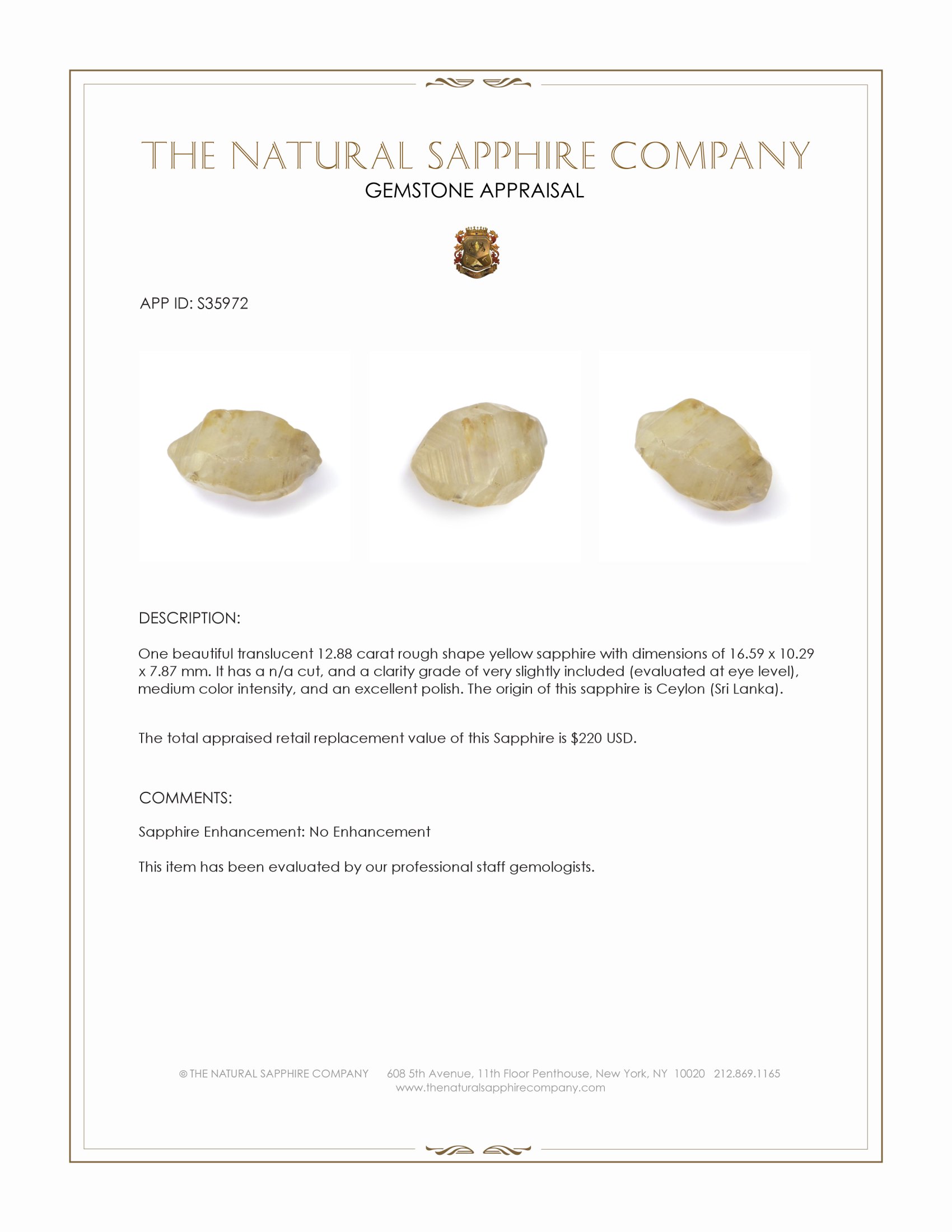 12.88 Ct. Yellow Rough Sapphire from Ceylon (Sri Lanka)