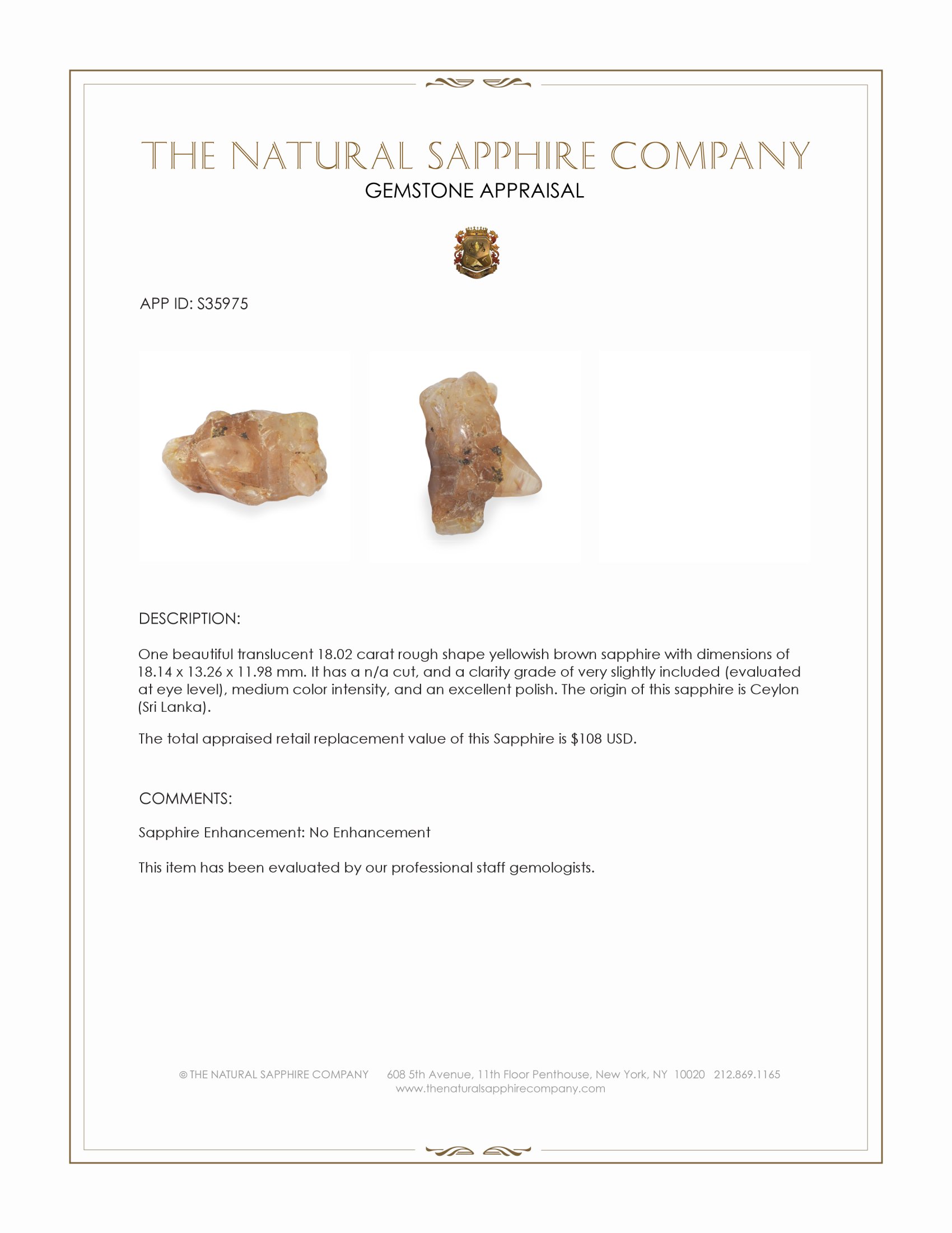 18.02 Ct. Yellowish Brown Rough Sapphire from Ceylon (Sri Lanka)