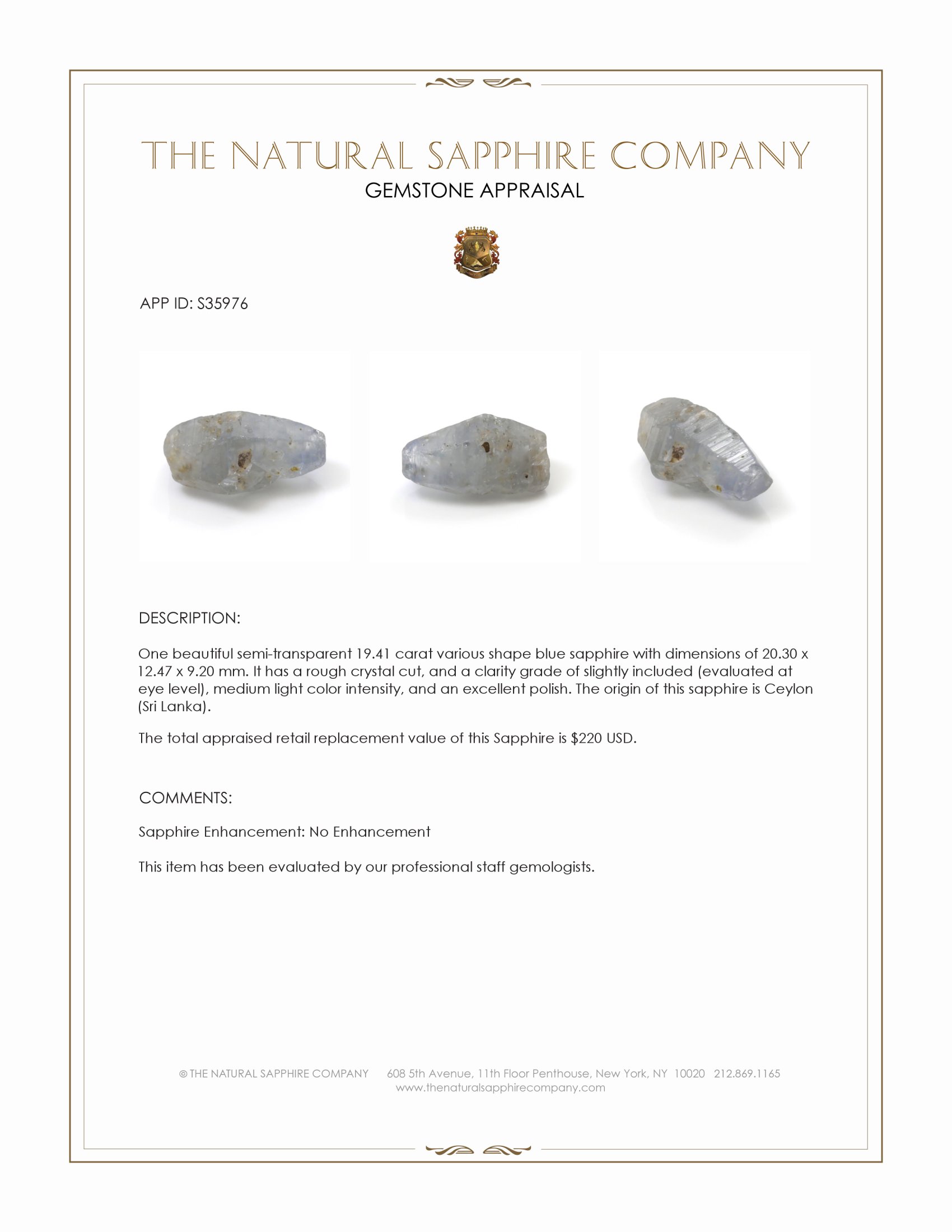 19.41 Ct. Blue Sapphire Crystal from Ceylon (Sri Lanka)