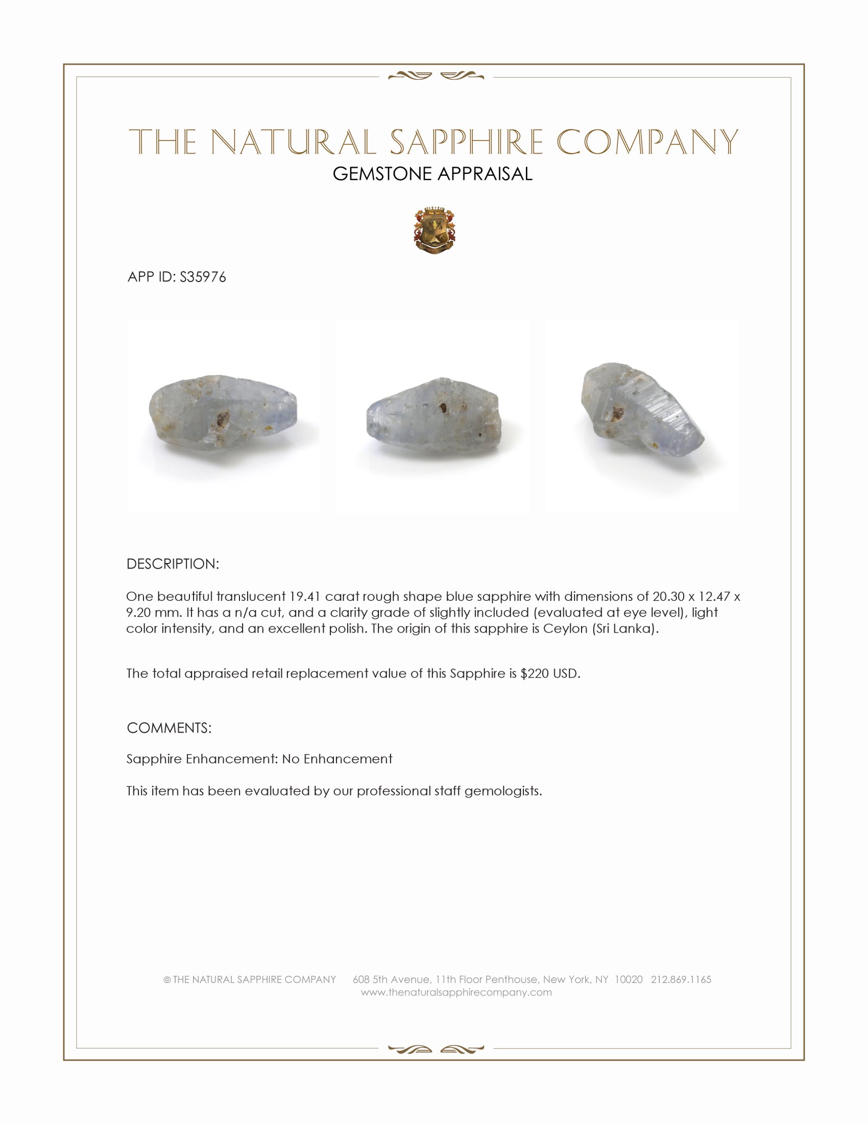 19.41 Ct. Blue Rough Sapphire from Ceylon (Sri Lanka)