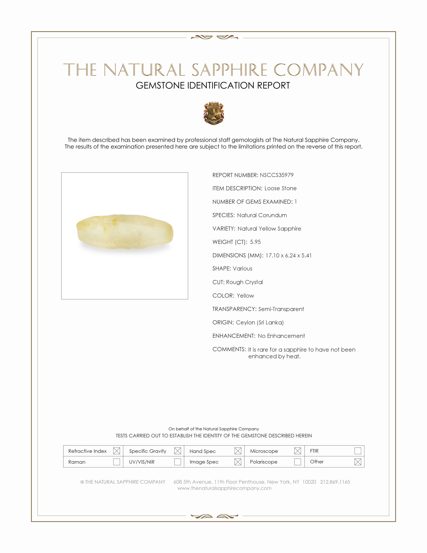5.95 Ct. Yellow Sapphire Crystal from Ceylon (Sri Lanka)