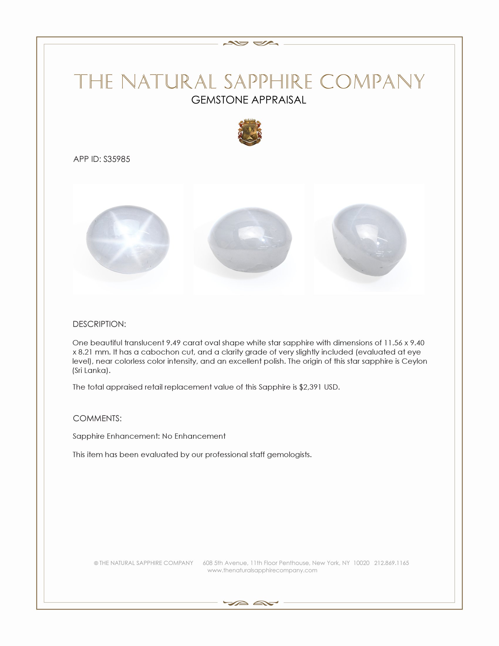9.49 Ct. White Star Sapphire from Ceylon (Sri Lanka)