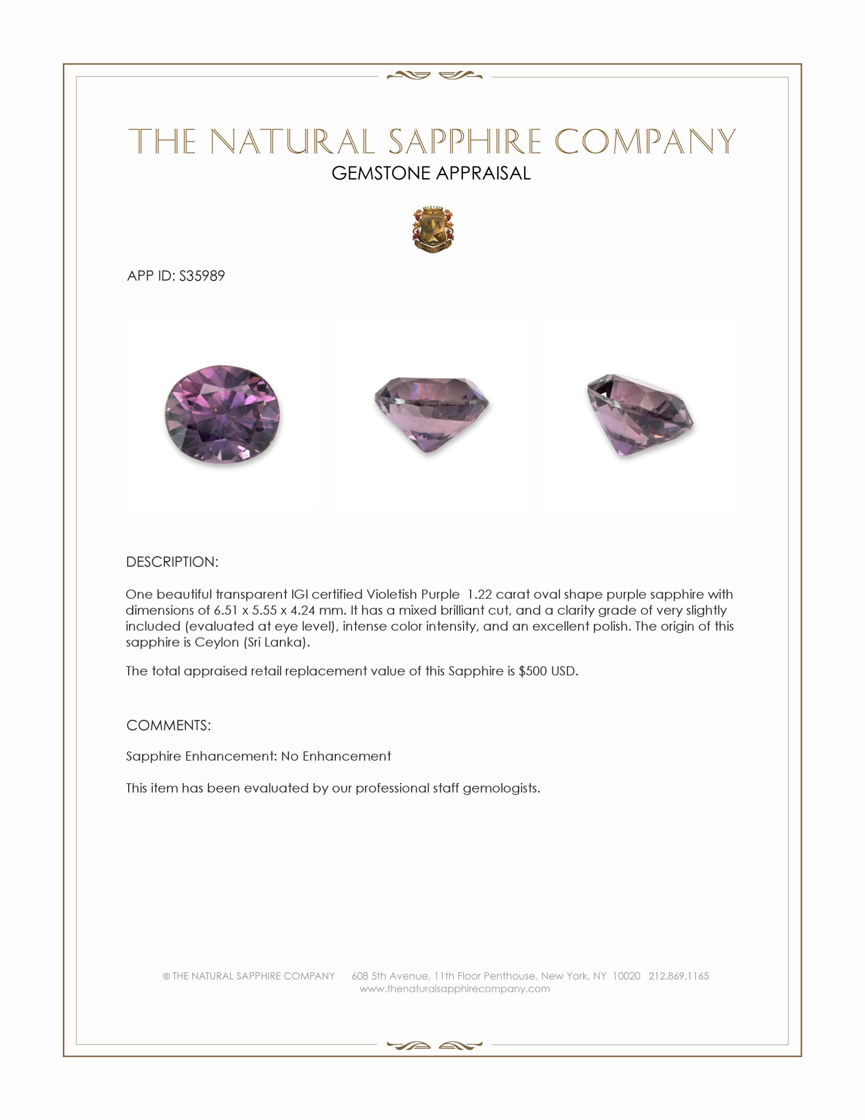 1.22 Ct. Purple Sapphire from Ceylon (Sri Lanka)