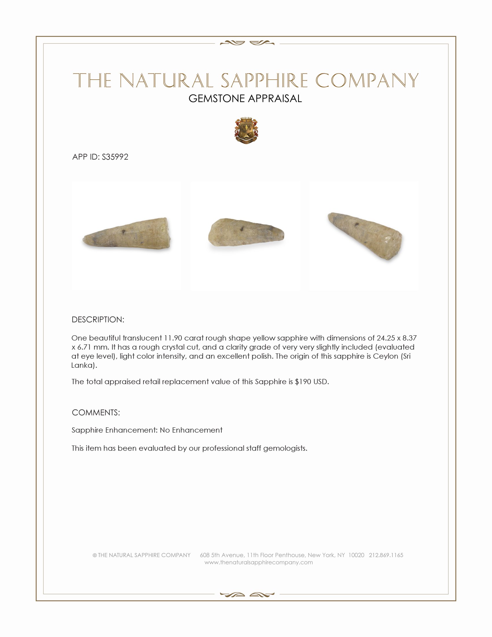 11.90 Ct. Yellow Rough Sapphire Crystal from Ceylon (Sri Lanka)