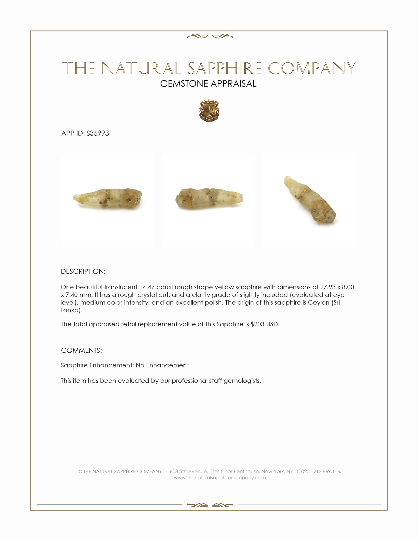 14.47 Ct. Yellow Rough Sapphire Crystal from Ceylon (Sri Lanka)