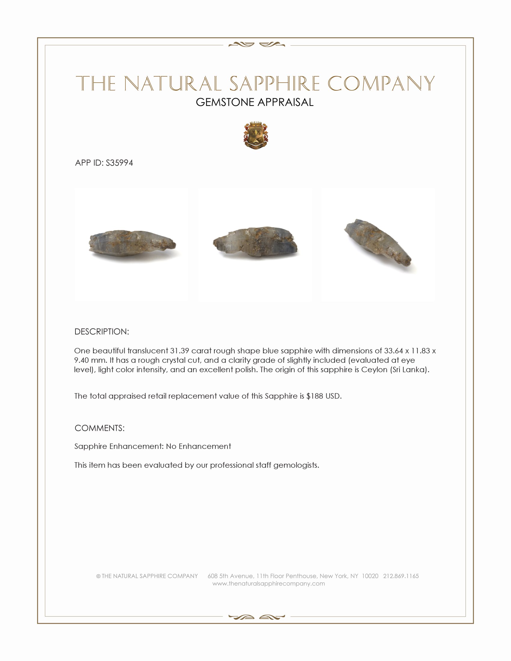 31.39 Ct. Blue Rough Sapphire Crystal from Ceylon (Sri Lanka)