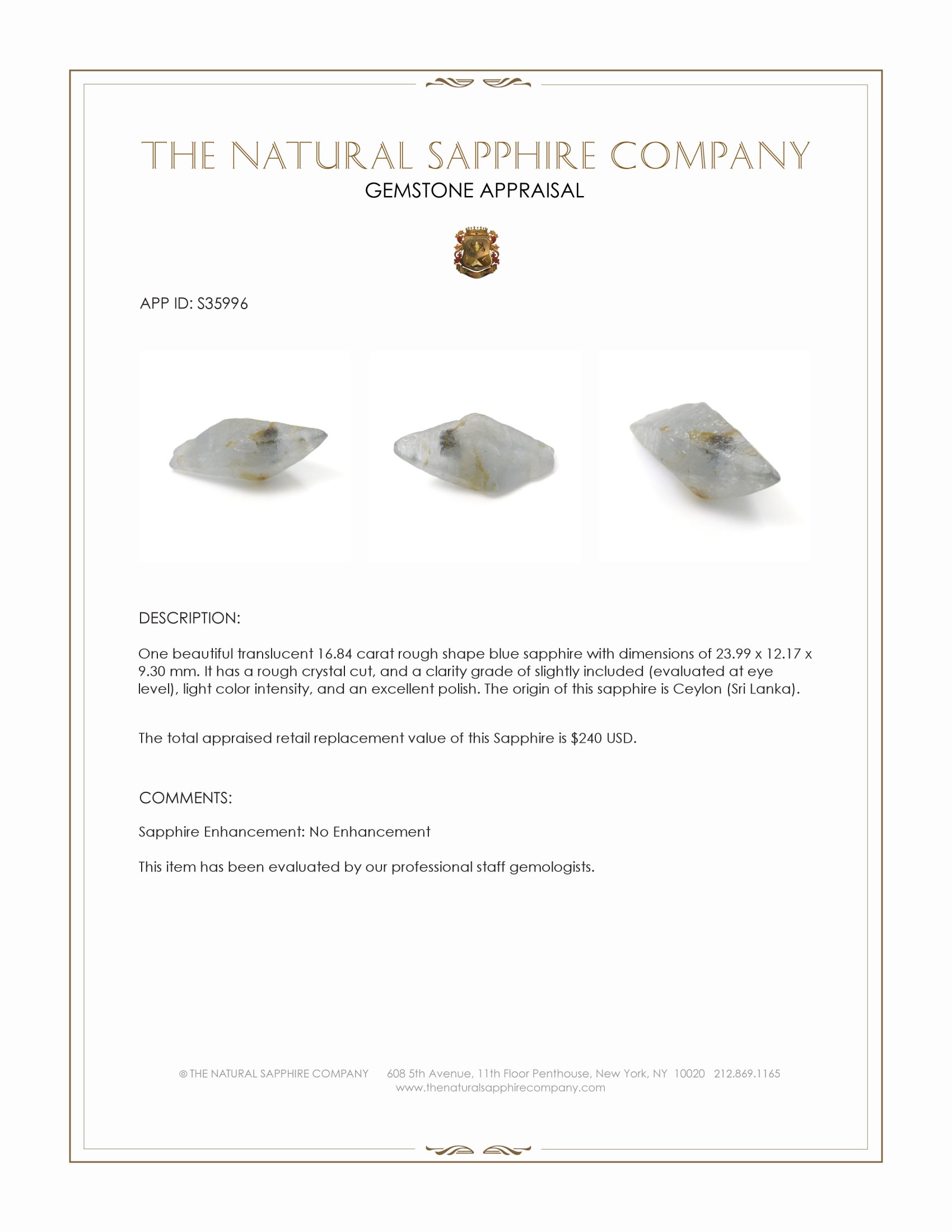 16.84 Ct. Blue Rough Sapphire Crystal from Ceylon (Sri Lanka)