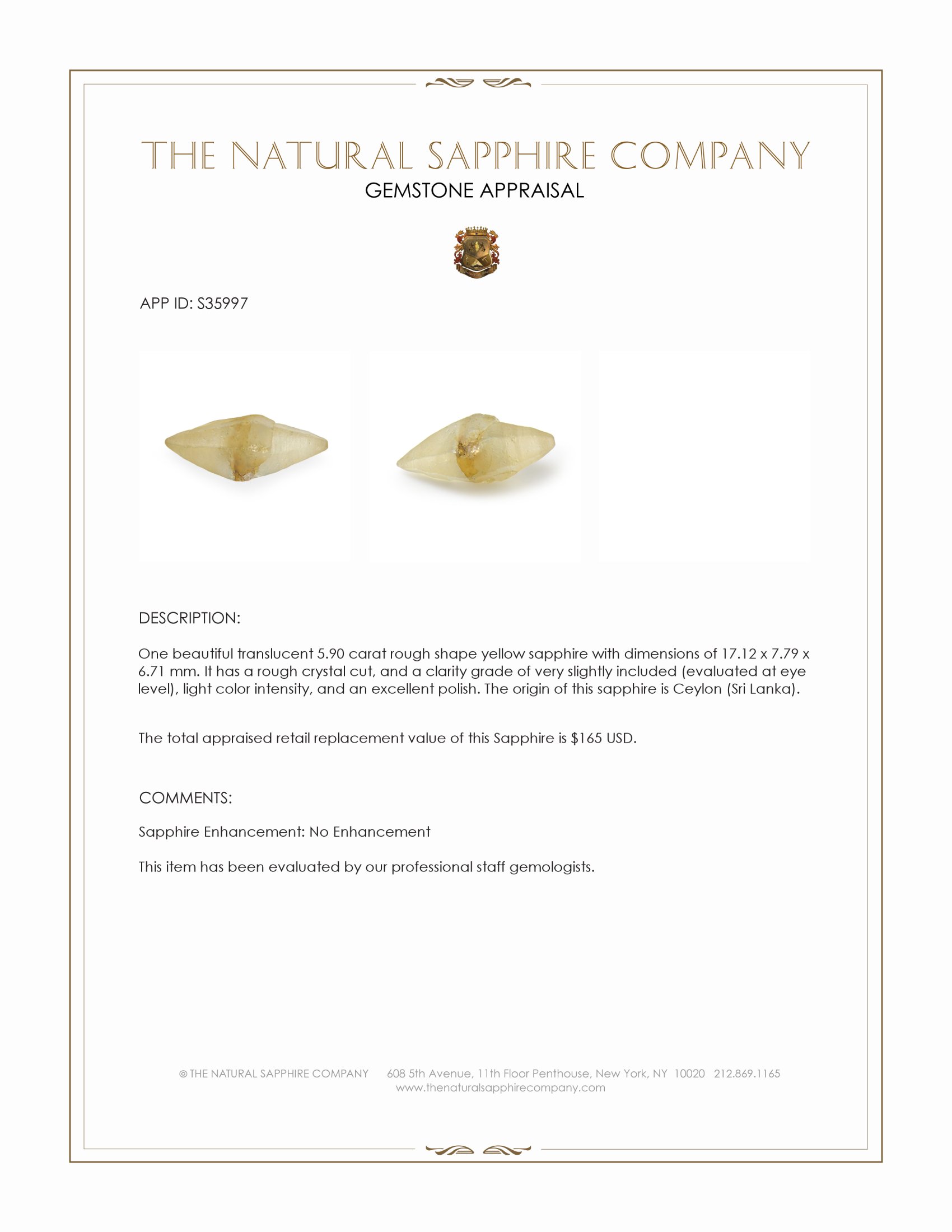 5.90 Ct. Yellow Rough Sapphire Crystal from Ceylon (Sri Lanka)