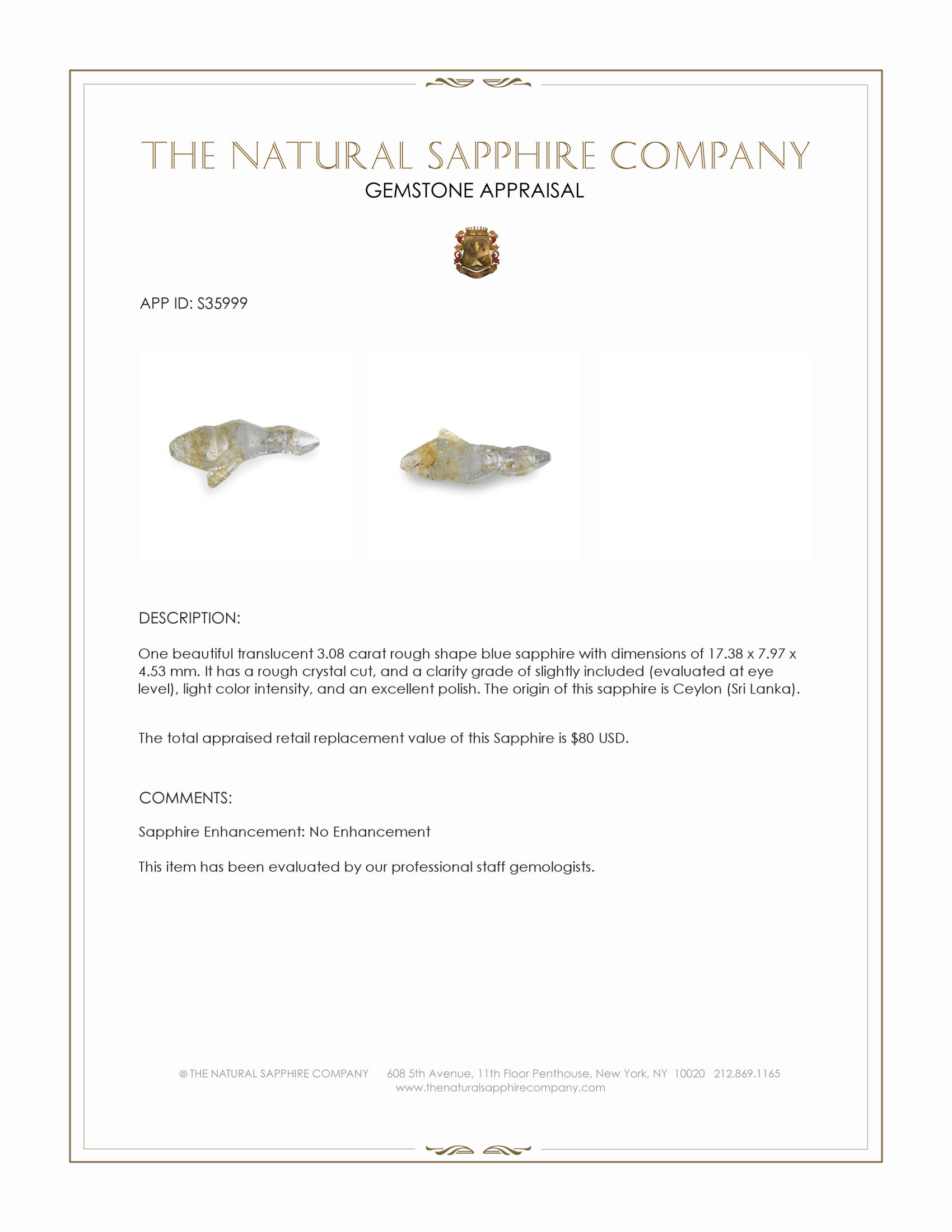 3.08 Ct. Blue Rough Sapphire Crystal from Ceylon (Sri Lanka)