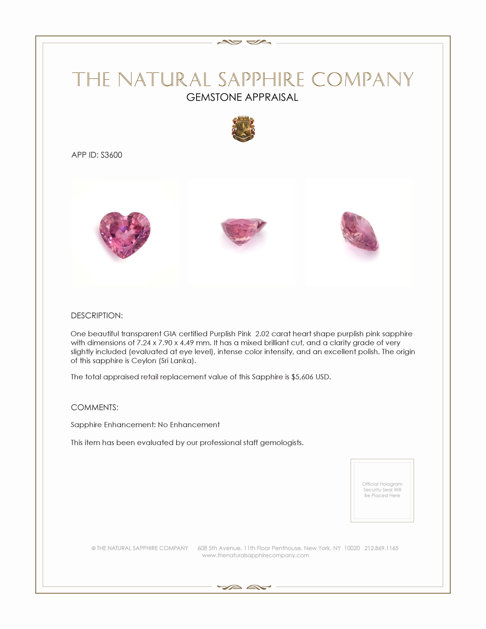 2.02 Ct. Purplish Pink Sapphire from Ceylon (Sri Lanka)