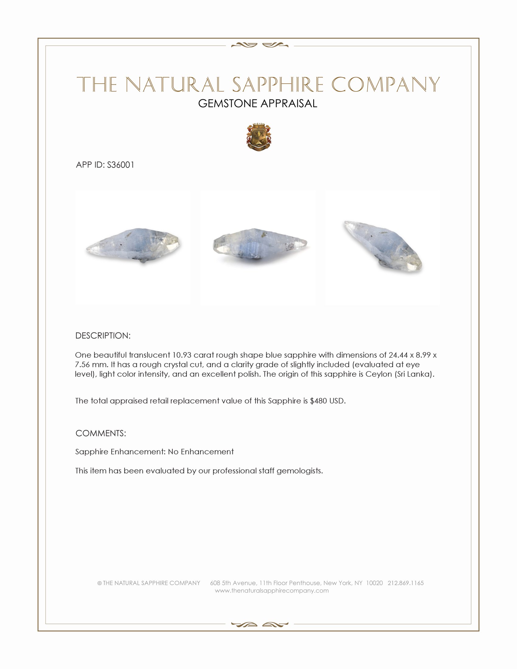 10.93 Ct. Blue Rough Sapphire Crystal from Ceylon (Sri Lanka)