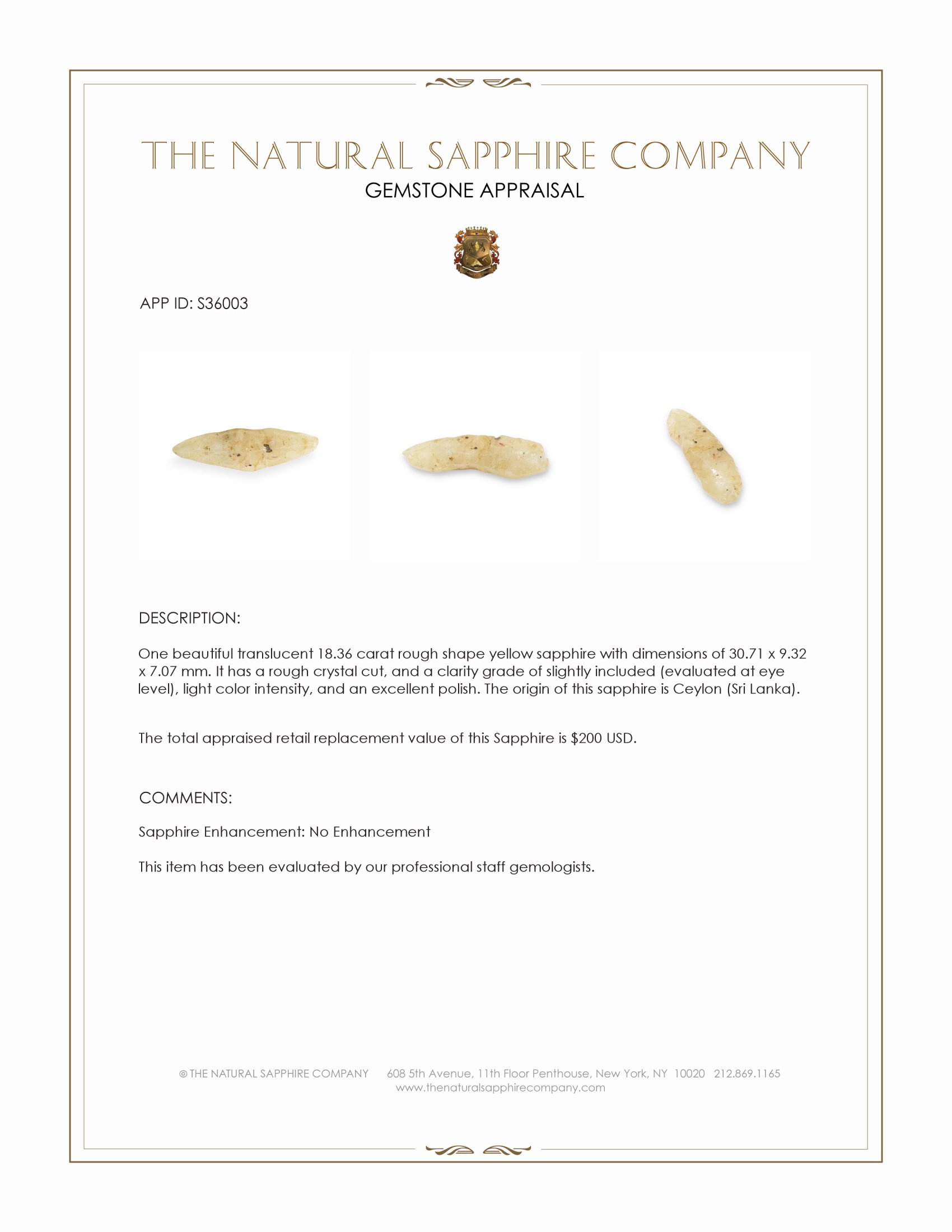 18.36 Ct. Yellow Rough Sapphire Crystal from Ceylon (Sri Lanka)