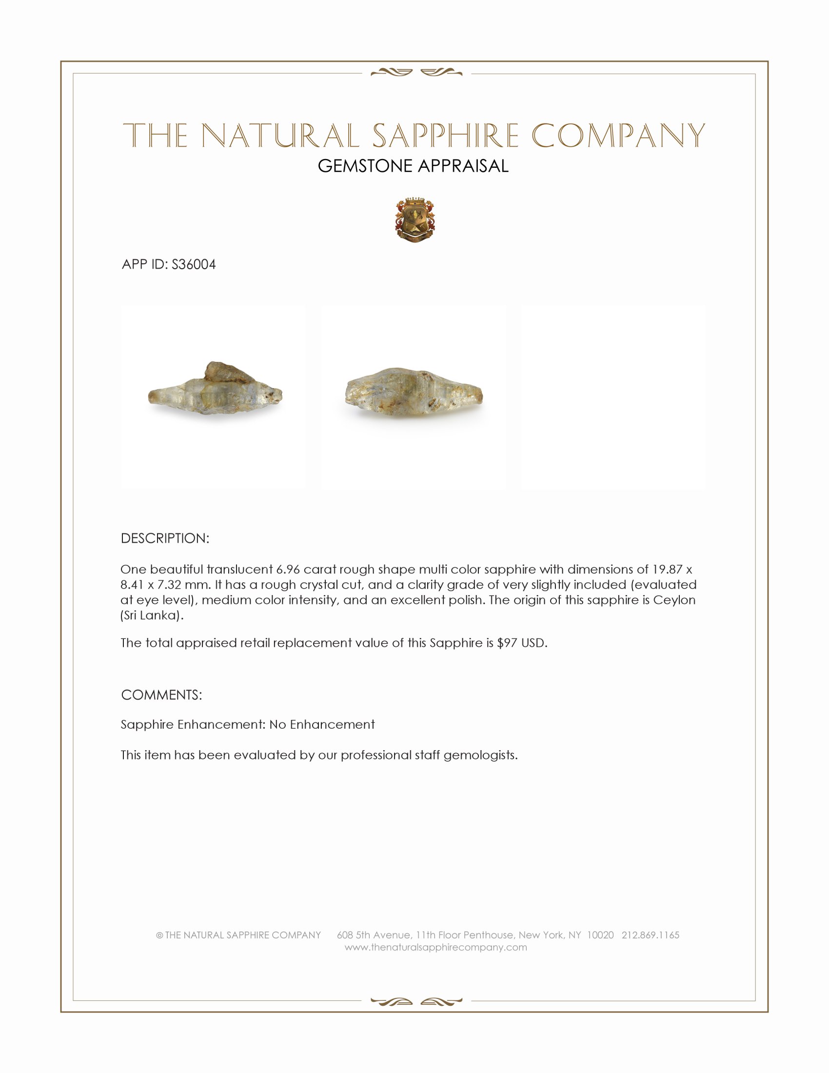 6.96 Ct. Multi Color Rough Sapphire Crystal from Ceylon (Sri Lanka)