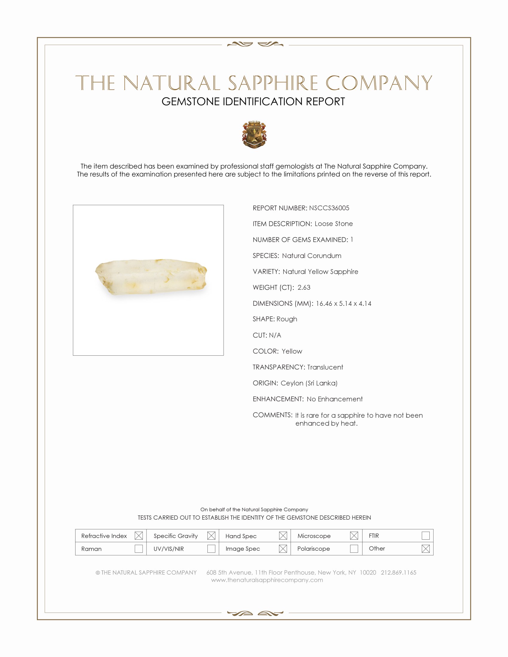 2.63 Ct. Yellow Rough Sapphire from Ceylon (Sri Lanka)