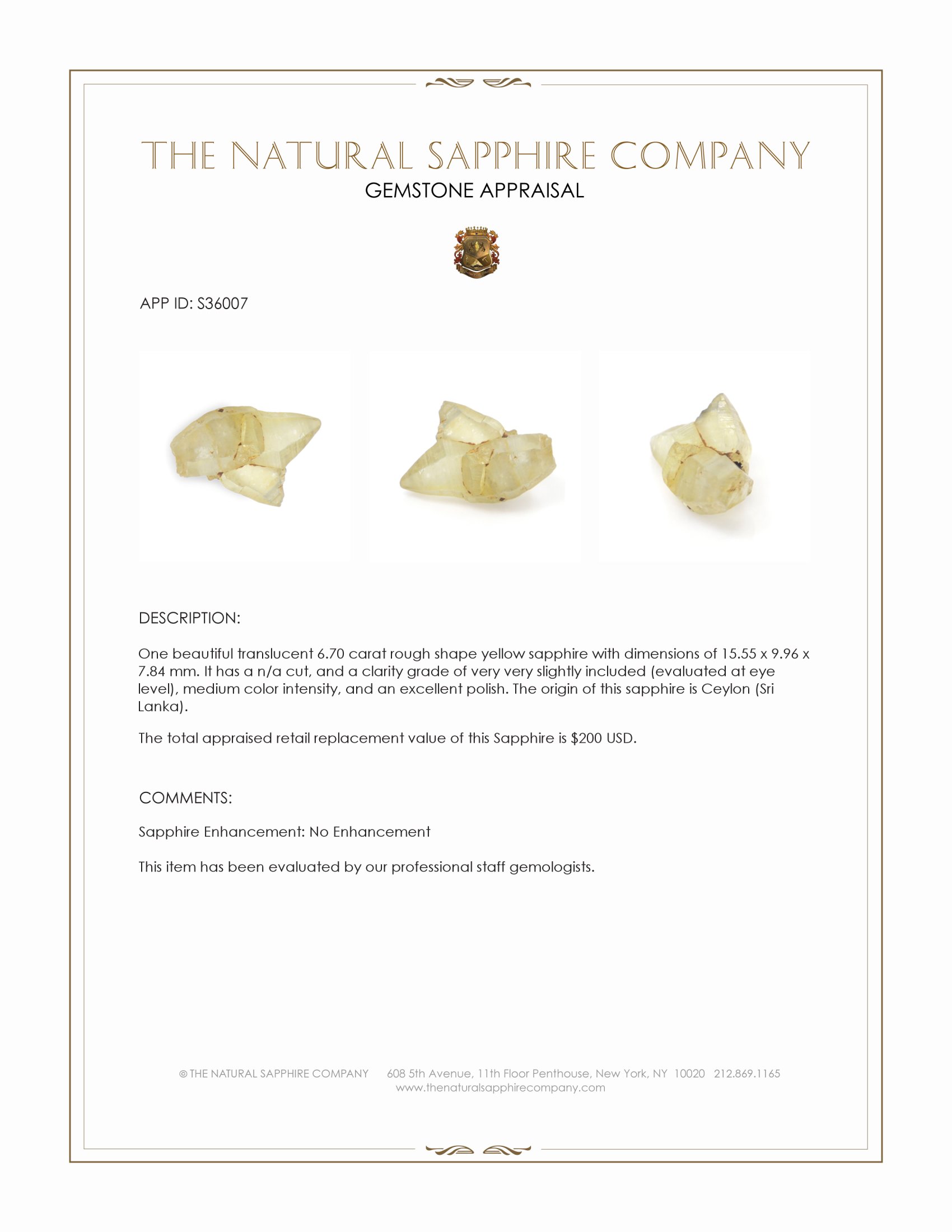 6.70 Ct. Yellow Rough Sapphire from Ceylon (Sri Lanka)