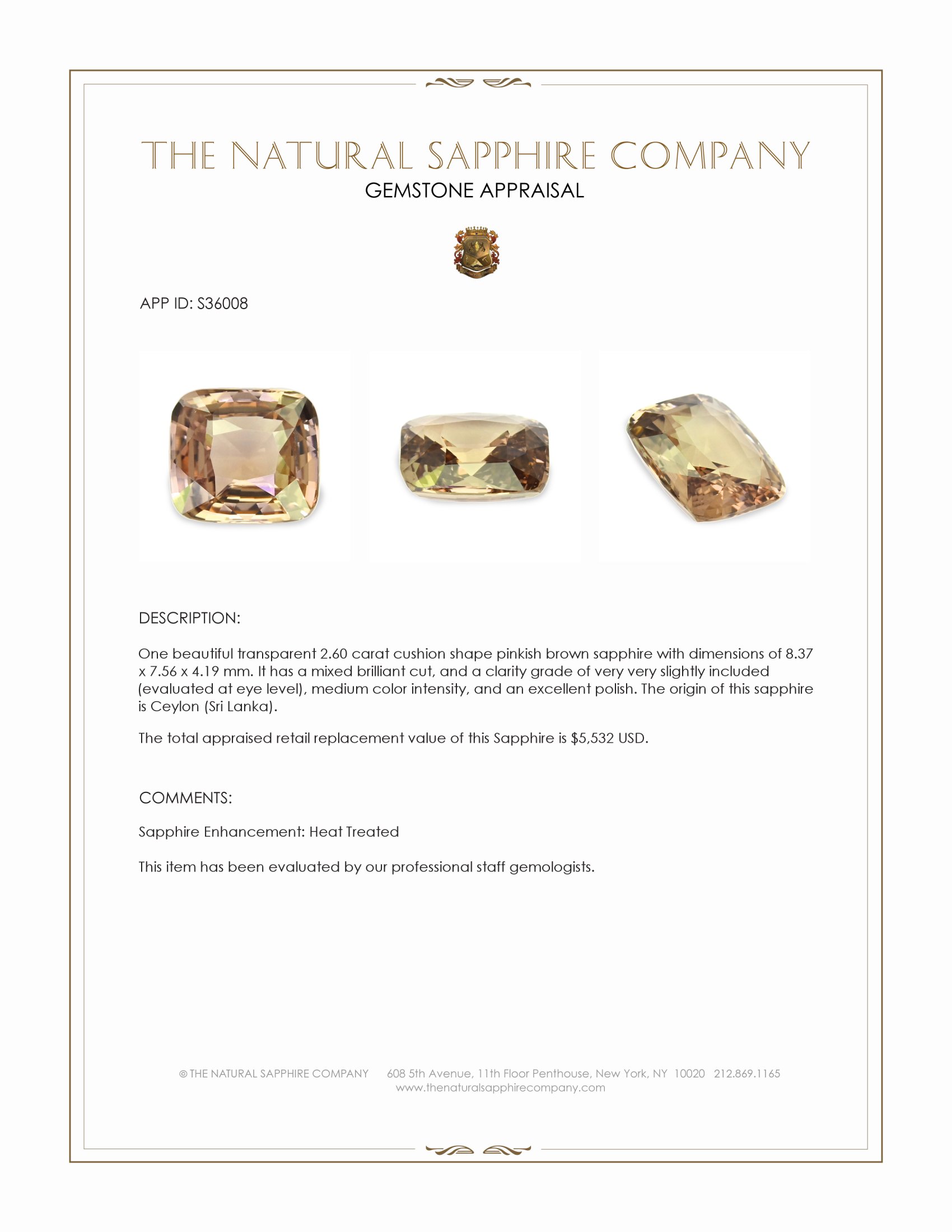 2.60 Ct. Pinkish Brown Sapphire from Ceylon (Sri Lanka)