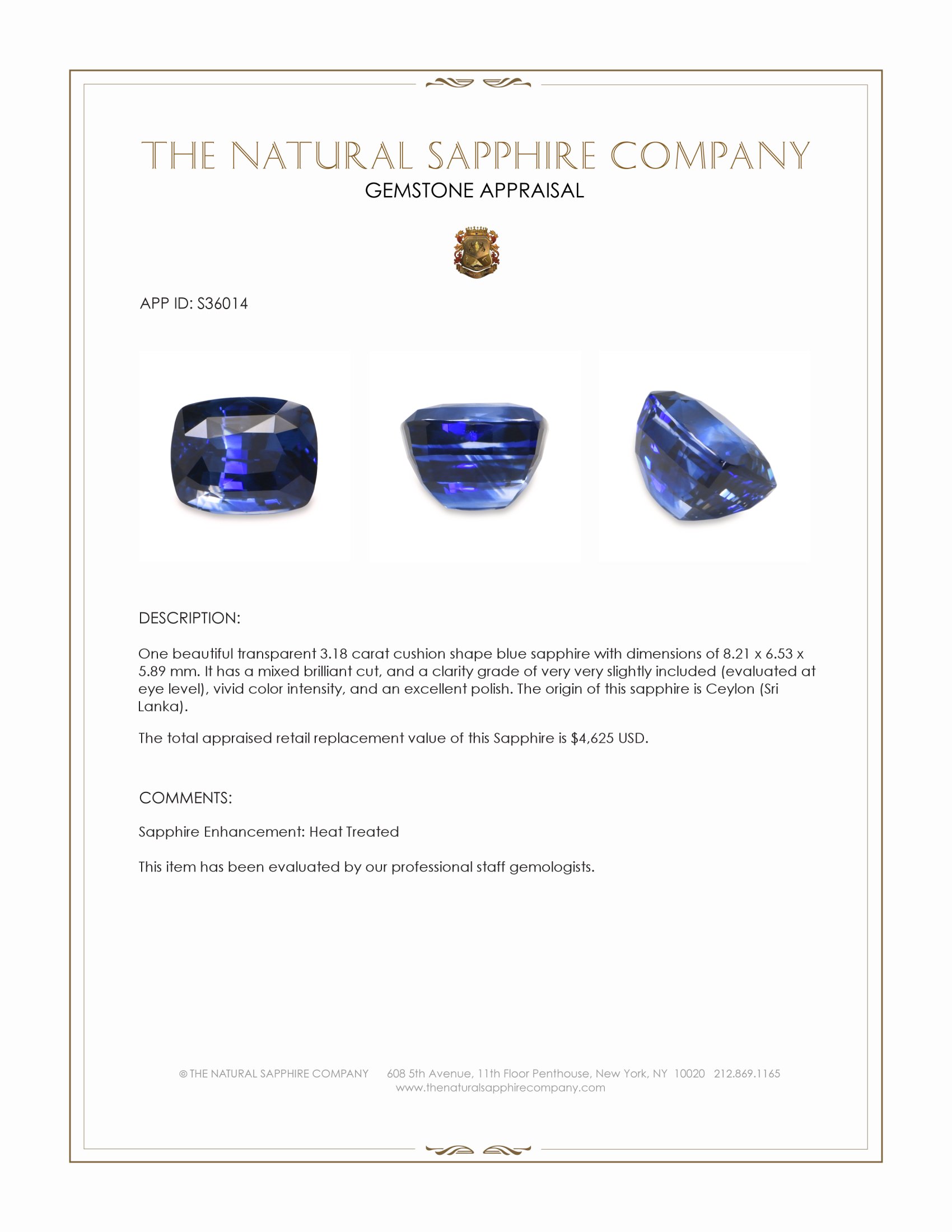 3.18 Ct. Blue Sapphire from Ceylon (Sri Lanka)