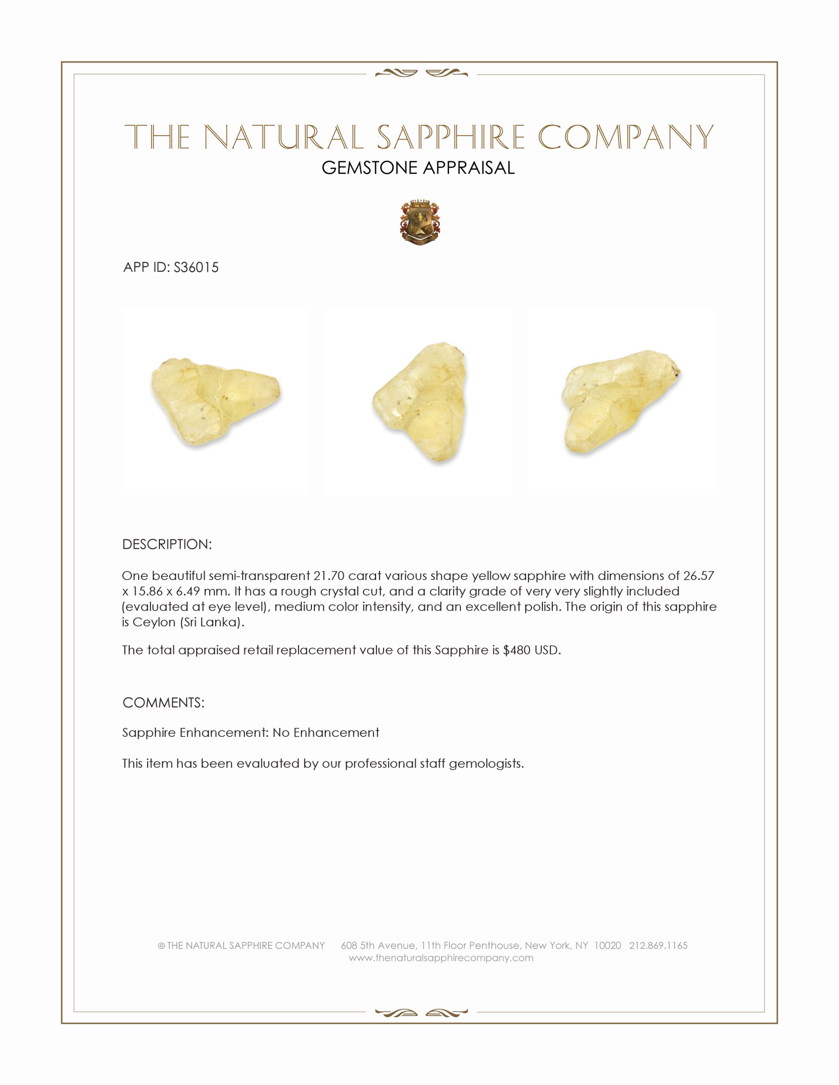 21.70 Ct. Yellow Sapphire Crystal from Ceylon (Sri Lanka)