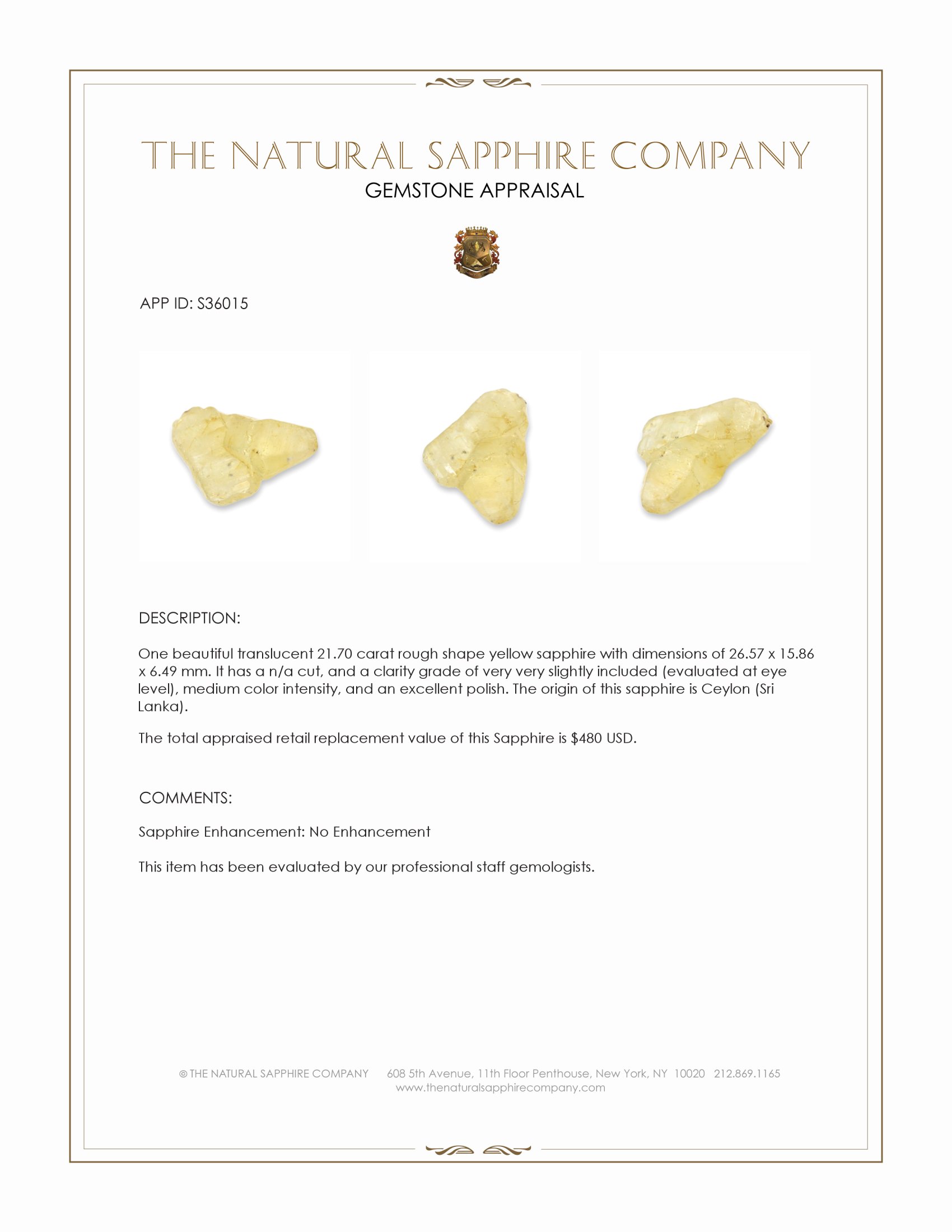 21.70 Ct. Yellow Rough Sapphire from Ceylon (Sri Lanka)