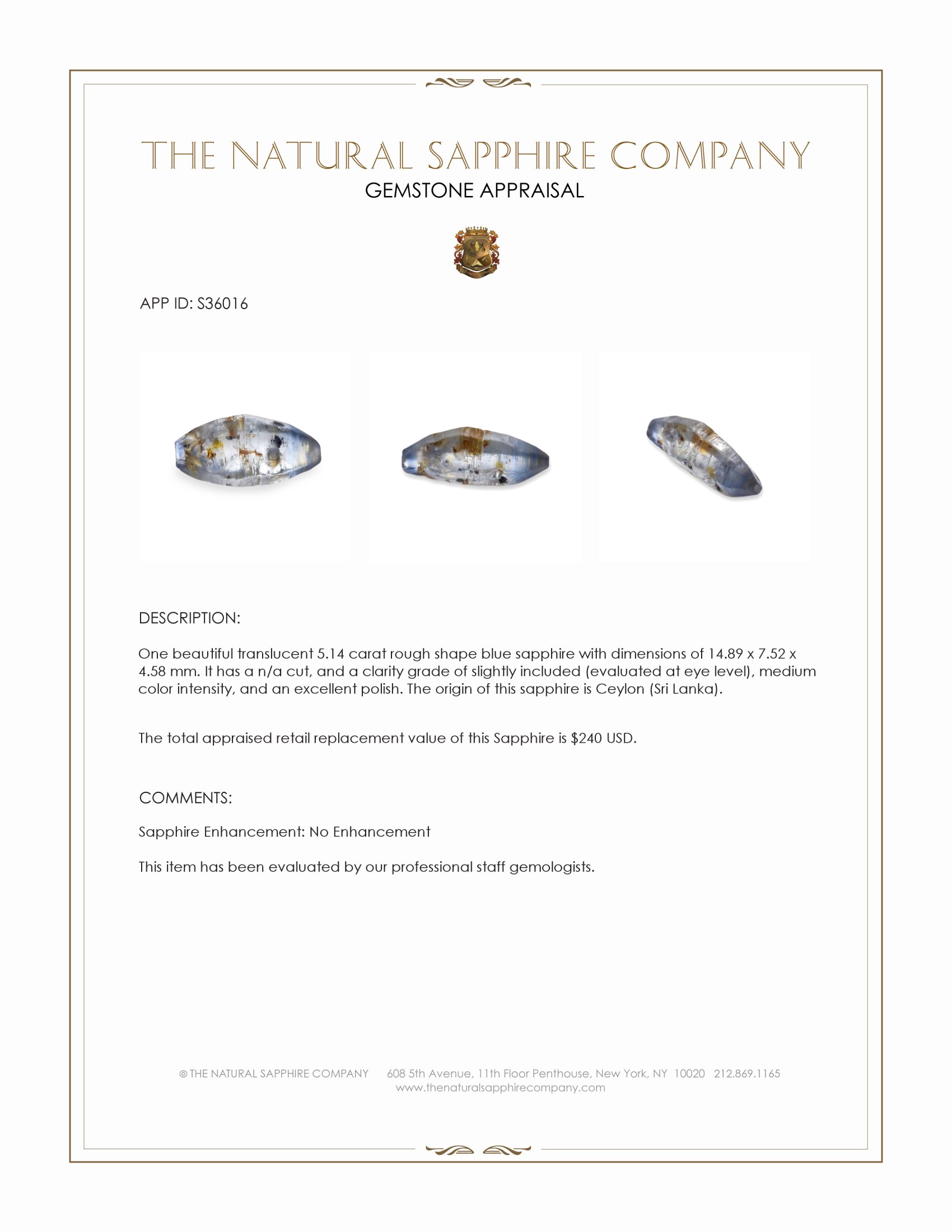 5.14 Ct. Blue Rough Sapphire from Ceylon (Sri Lanka)