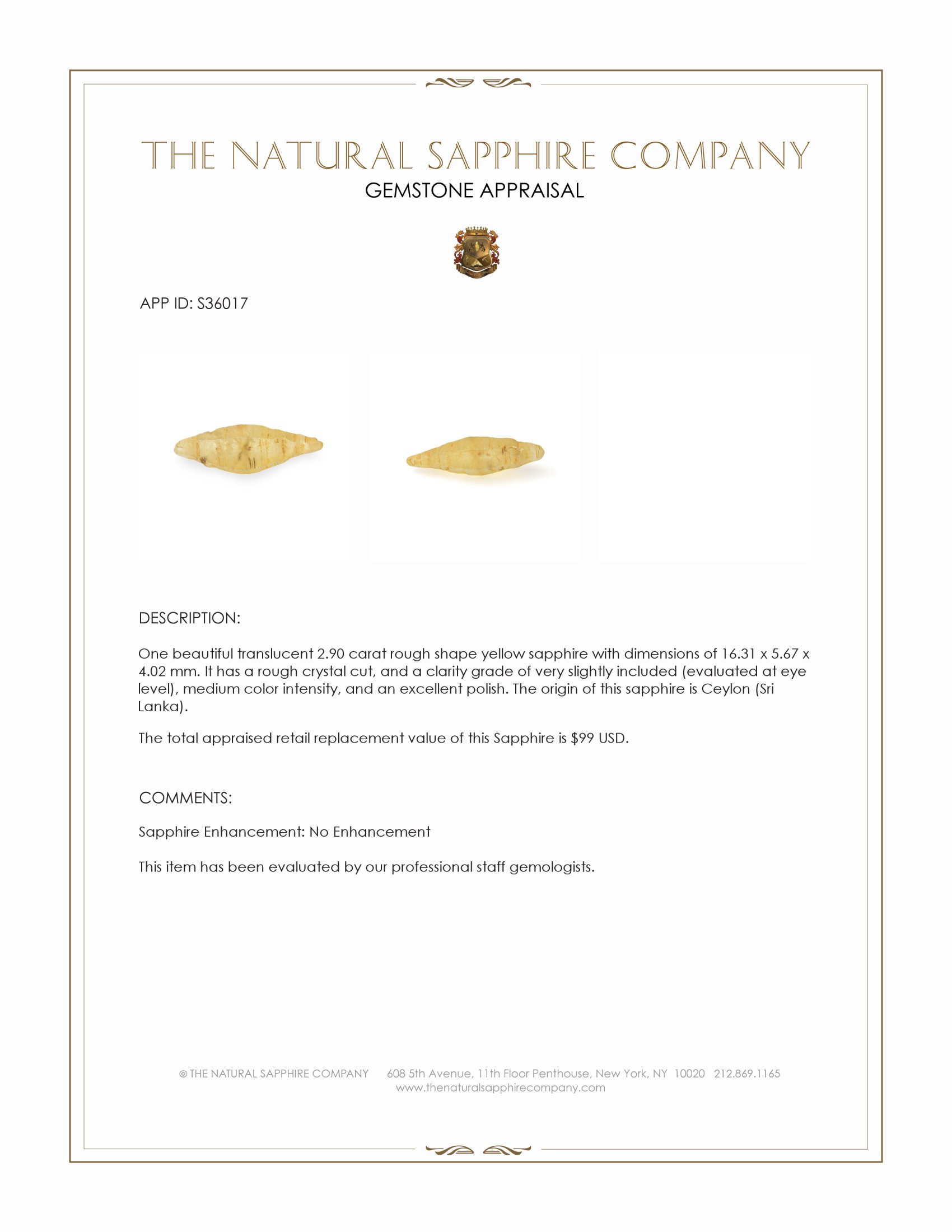 2.90 Ct. Yellow Rough Sapphire Crystal from Ceylon (Sri Lanka)