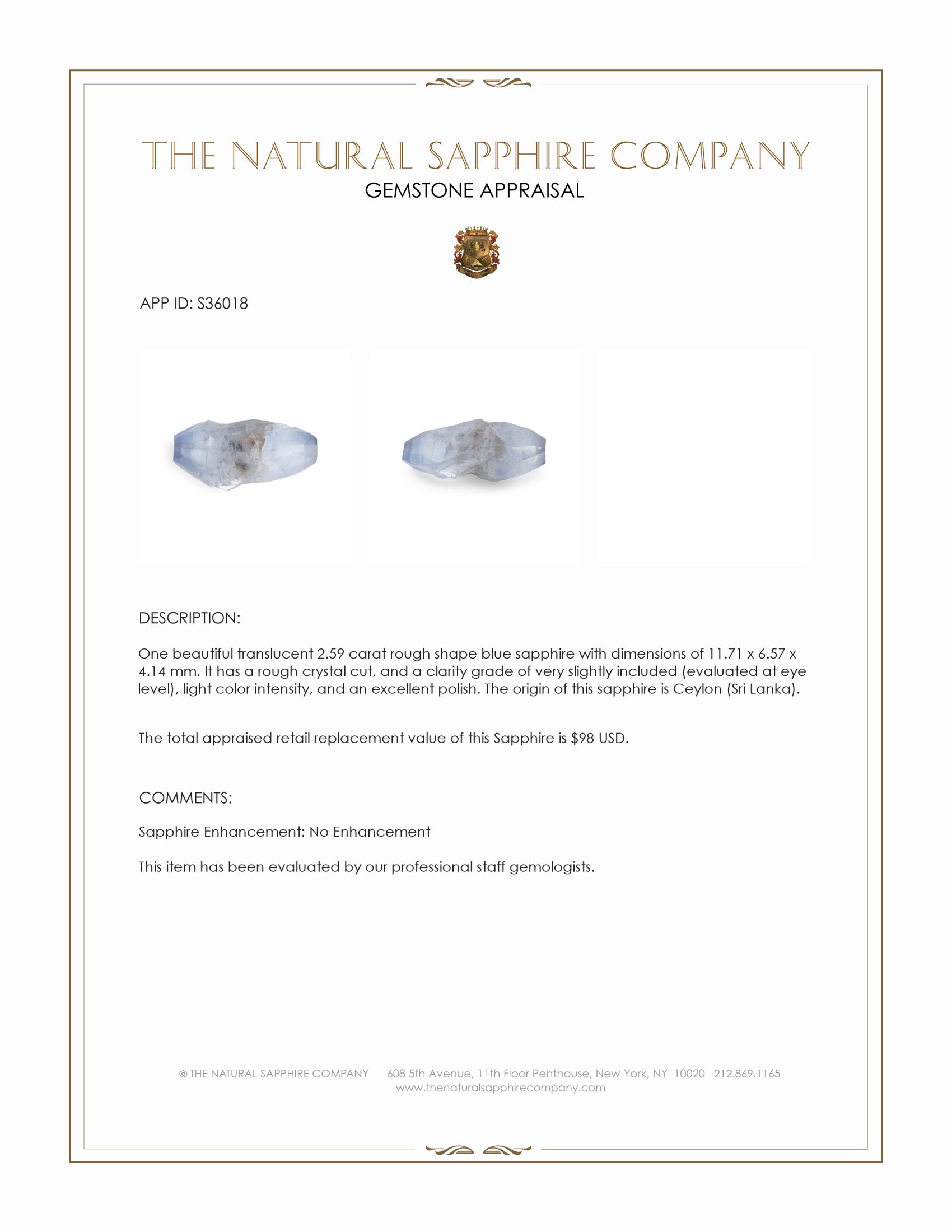 2.59 Ct. Blue Rough Sapphire Crystal from Ceylon (Sri Lanka)