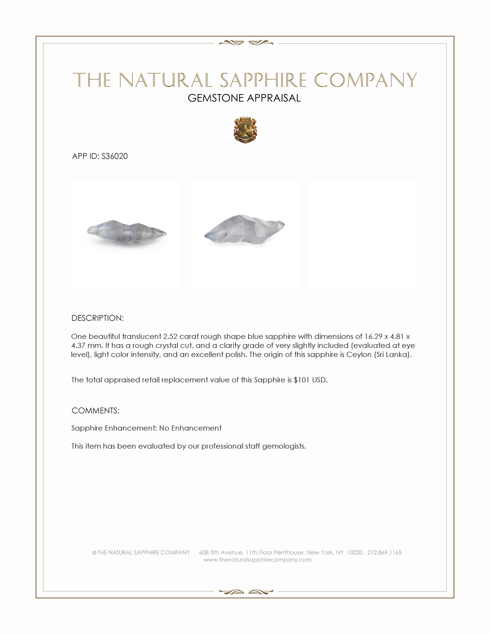 2.52 Ct. Blue Rough Sapphire Crystal from Ceylon (Sri Lanka)