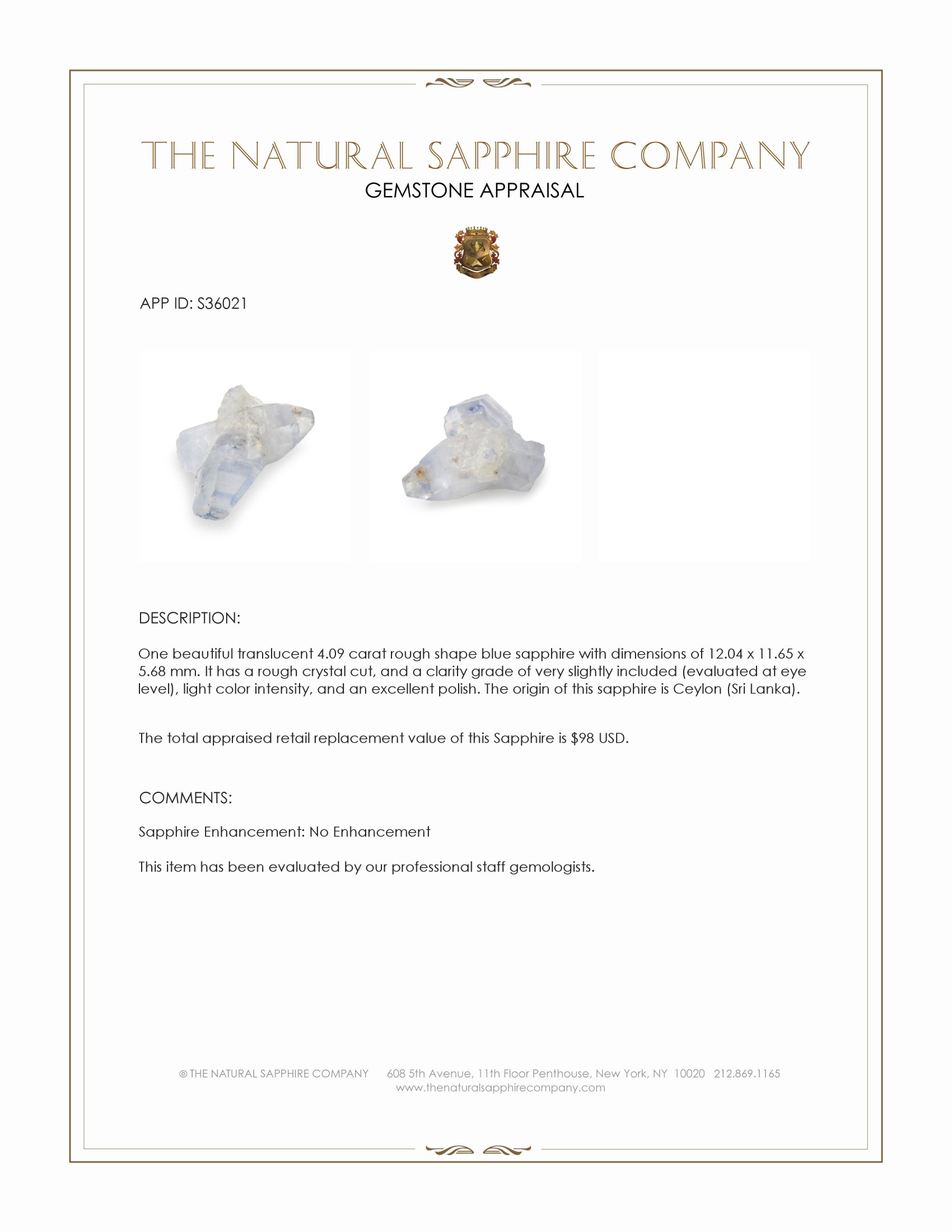 4.09 Ct. Blue Rough Sapphire Crystal from Ceylon (Sri Lanka)