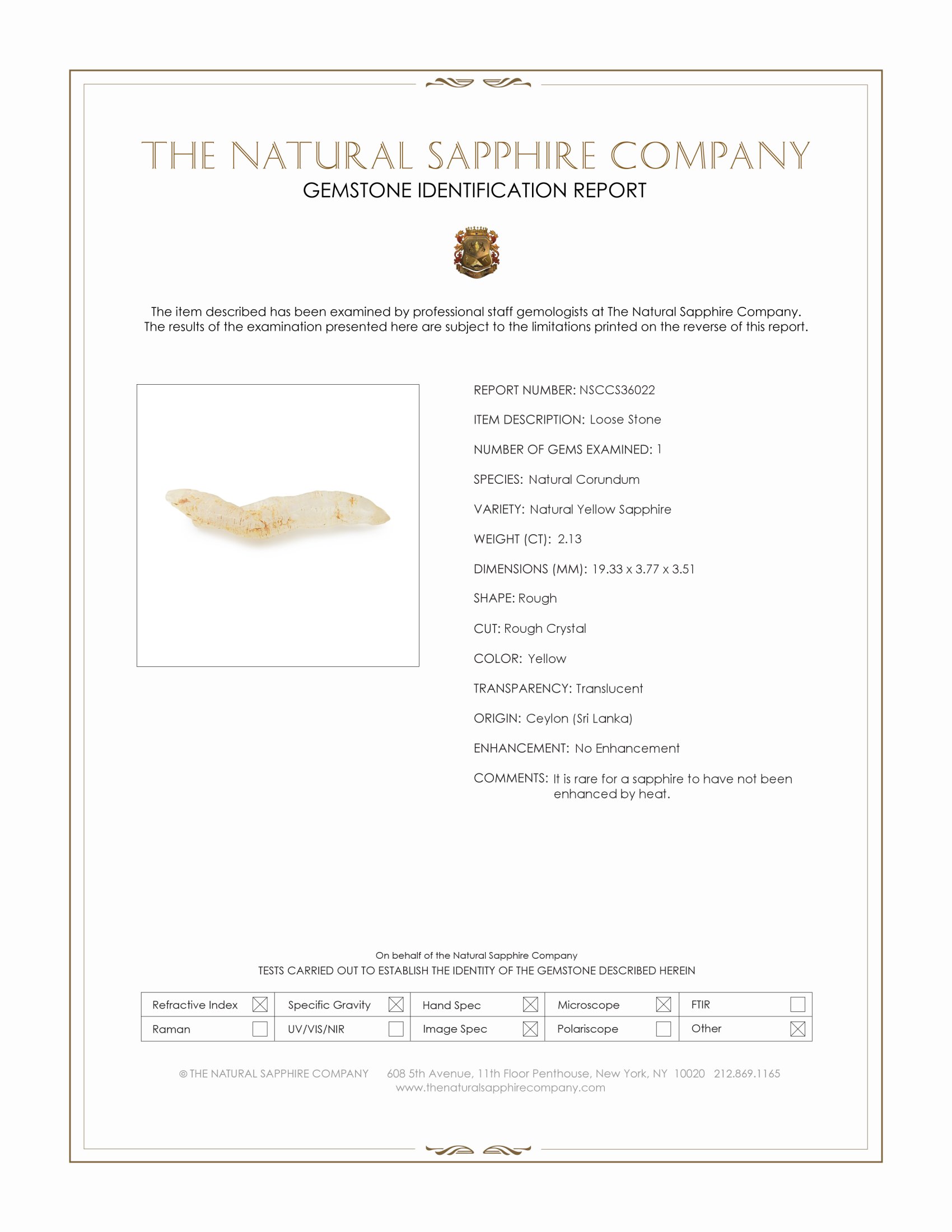 2.13 Ct. Yellow Rough Sapphire Crystal from Ceylon (Sri Lanka)