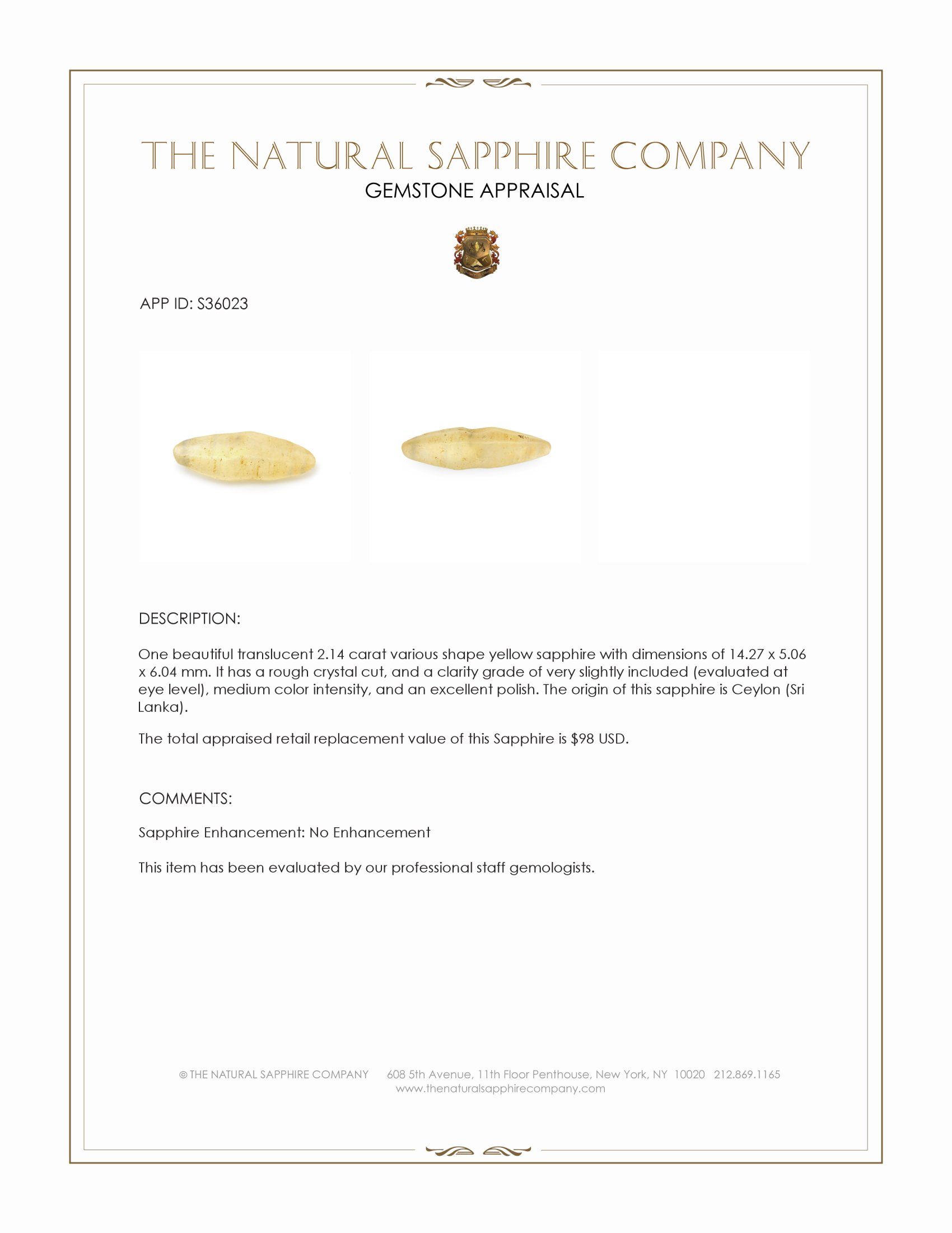 2.14 Ct. Yellow Rough Sapphire Crystal from Ceylon (Sri Lanka)