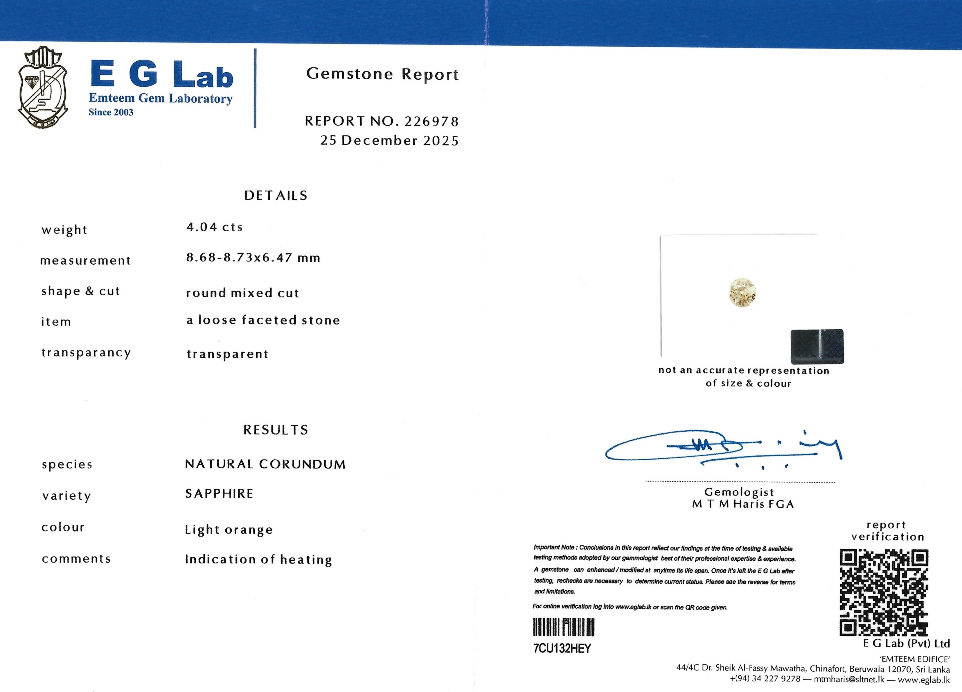 4.04 Ct. Orange Sapphire from Madagascar