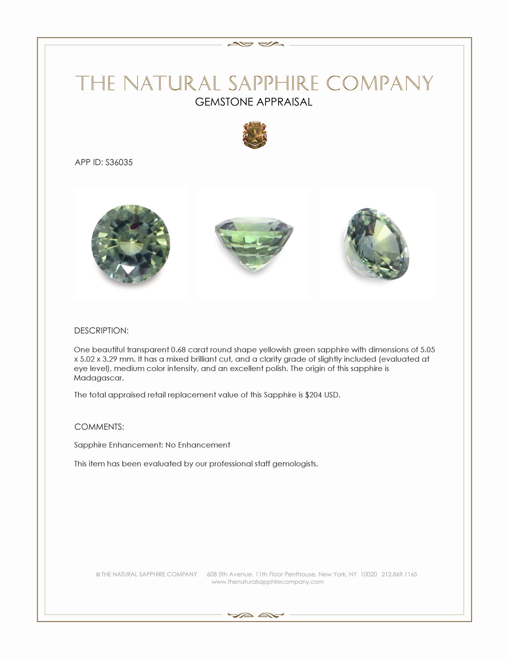0.68 Ct. Yellowish Green Sapphire from Madagascar