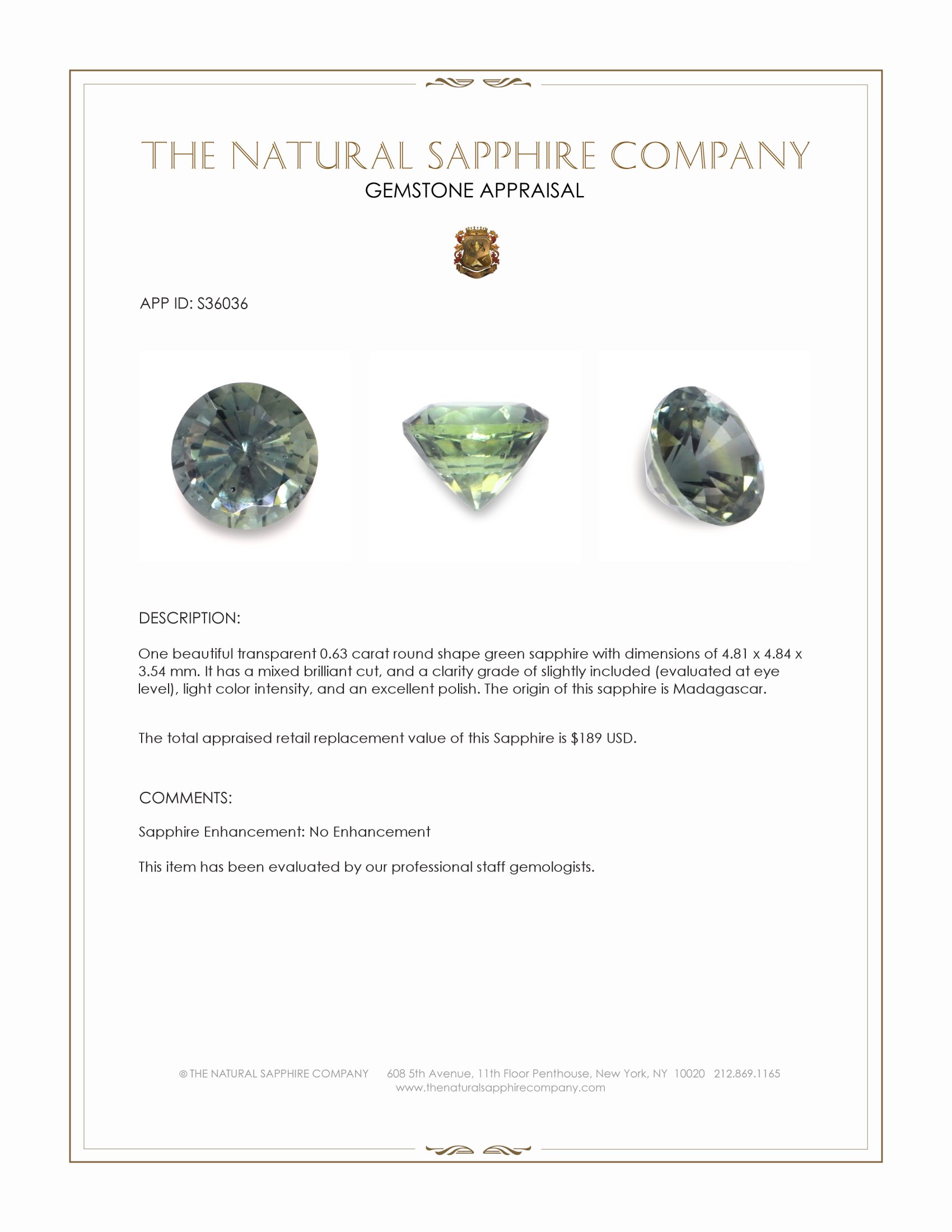 0.63 Ct. Green Sapphire from Madagascar