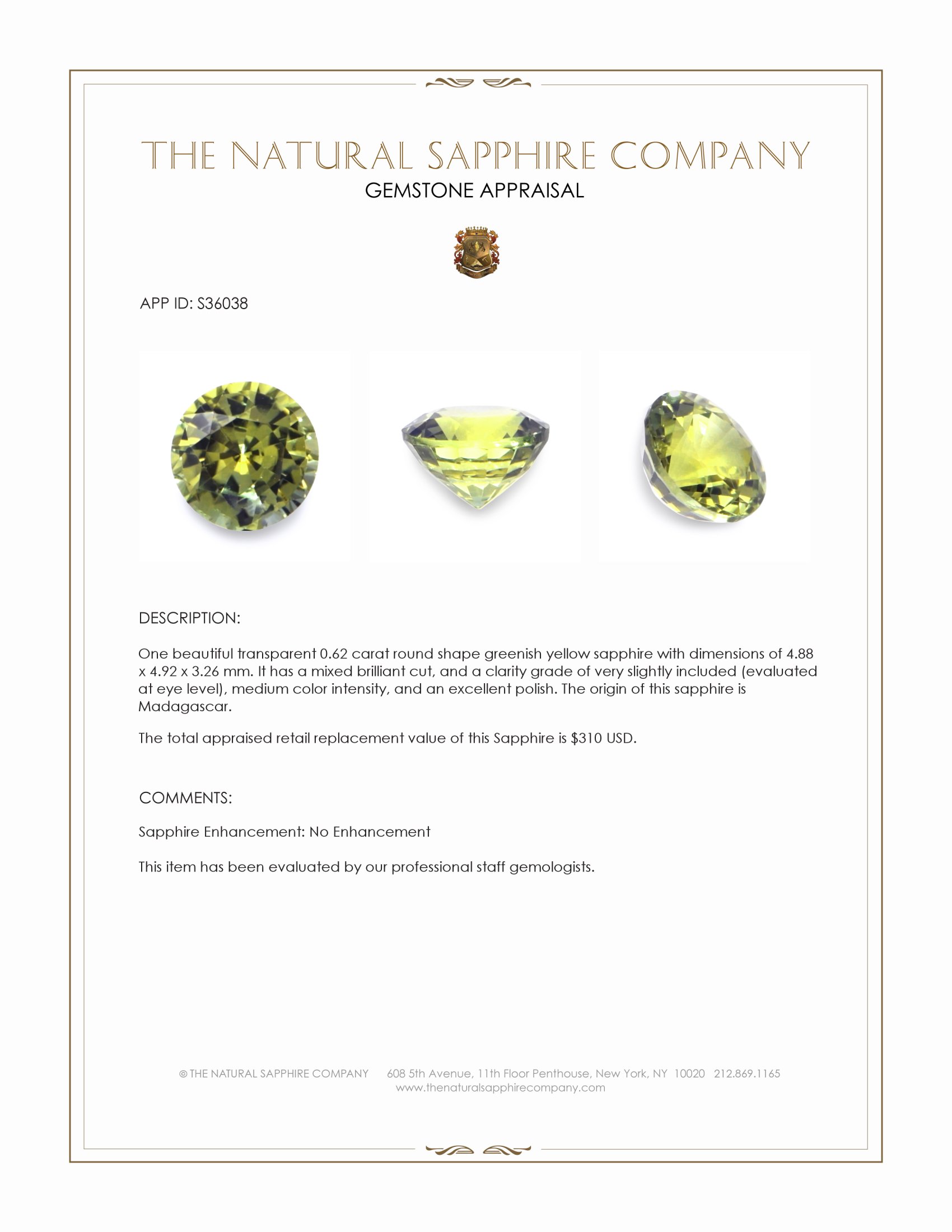 0.62 Ct. Greenish Yellow Sapphire from Madagascar