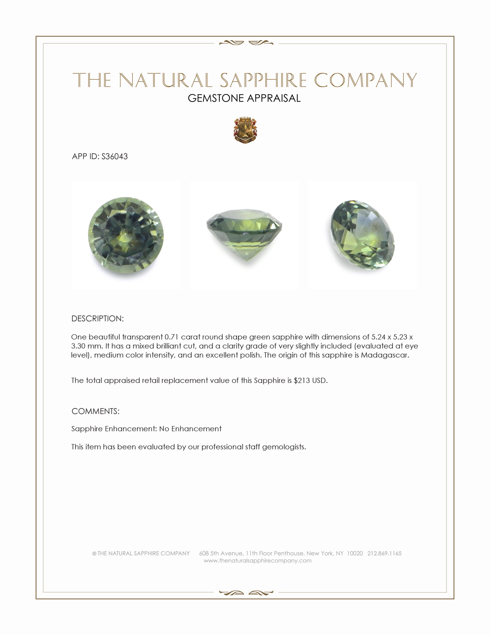 0.71 Ct. Green Sapphire from Madagascar
